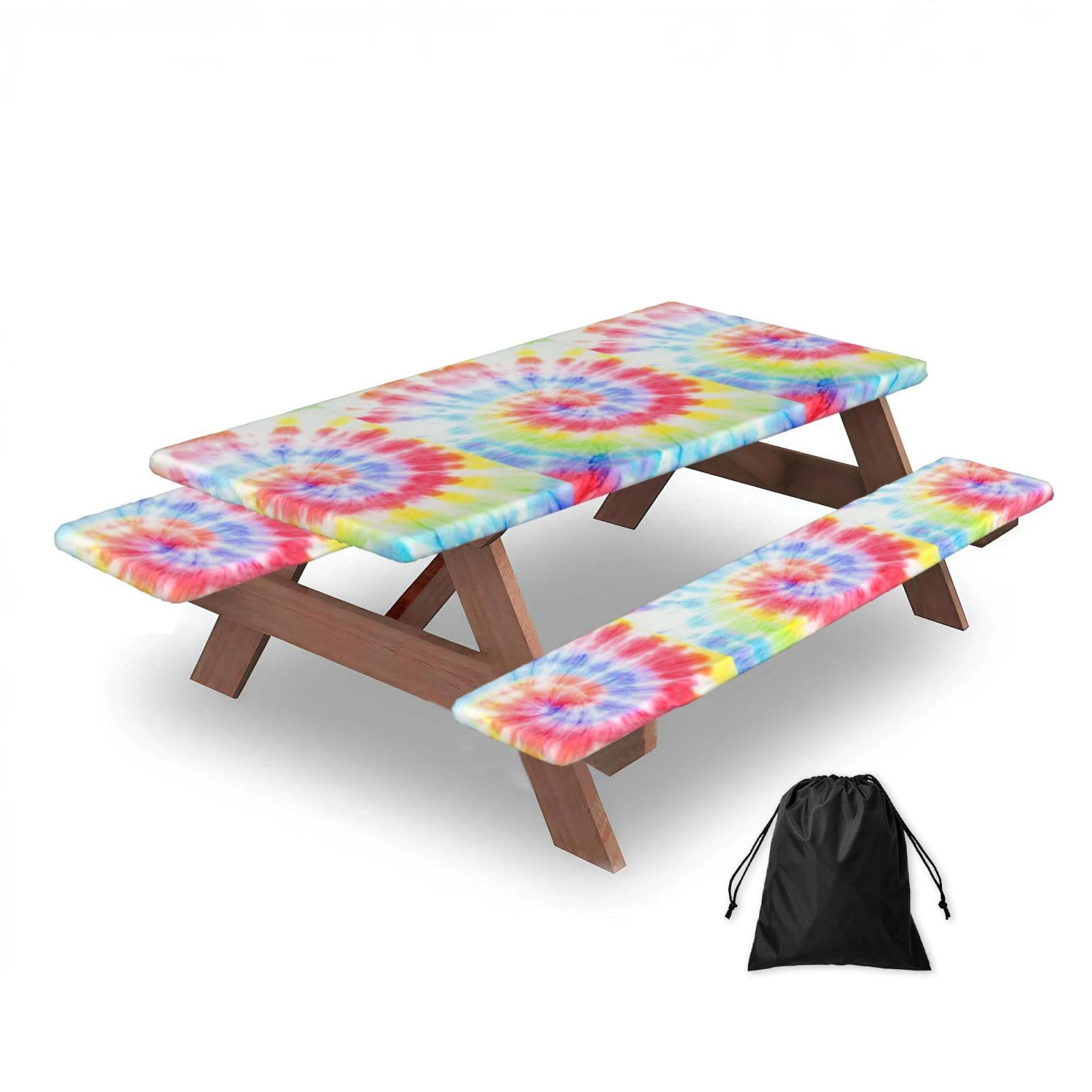 Dopklna As Picture Tie Dye Rainbow Spiral Swirl, Picnic Table Cover With Bench Covers -Waterproof Elastic Fitted Tablecloth For Garden Camping Patio 76X152cm