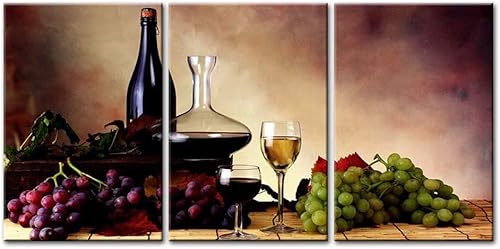 Miniatura 1 de So Crazy Art-Vino decoración de la cocina copa de vino tinto y verde púrpura uvas frutas en la mesa lienzo cuadros ilustraciones 3 paneles de
