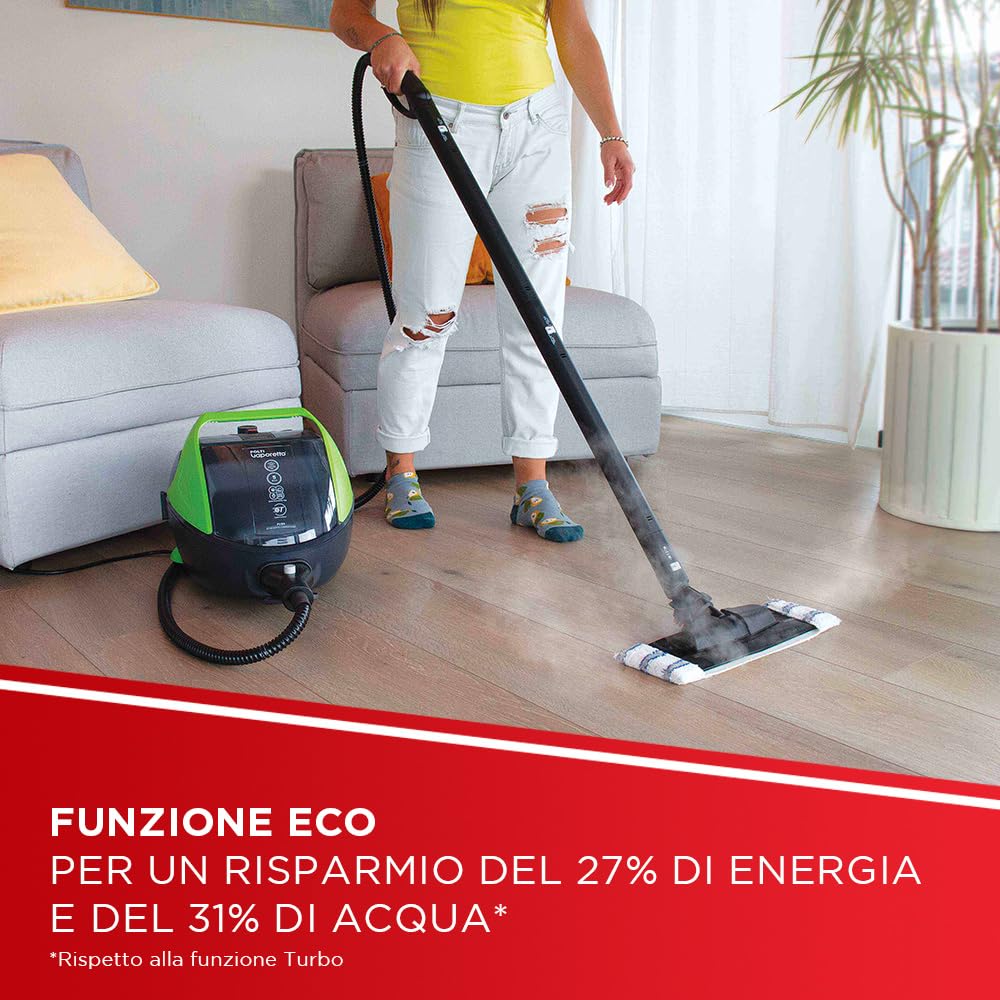 Polti Vaporetto Pro 95 Turbo Flexi, Pulitore a Vapore con Caldaia, Pressione Max 5 Bar, Potenza 1100 W, Autonomia Illimitata, Made in Italy, Funzione Eco, 14 Accessori Inclusi, Nero e Verde
