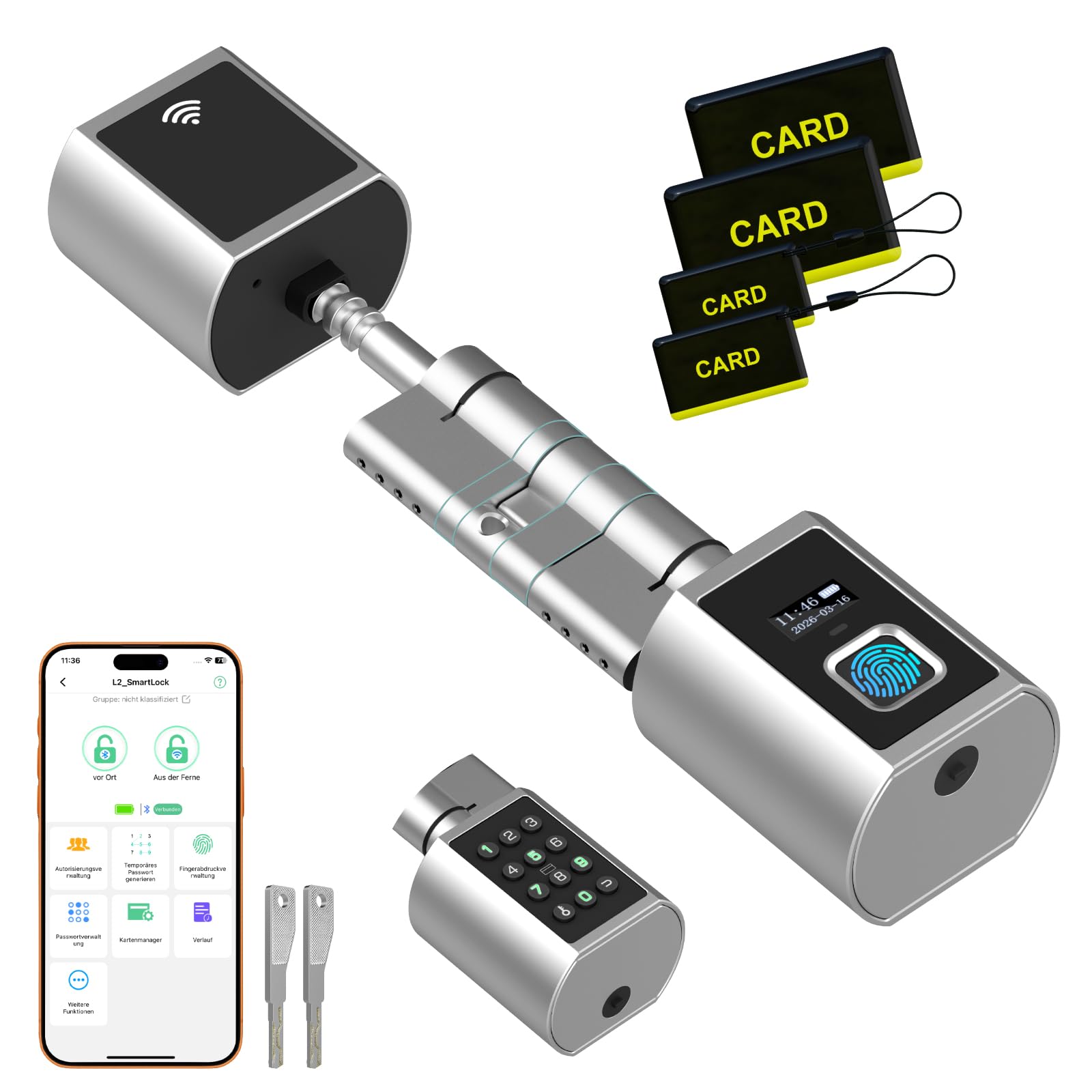 Eseesmart Smart Lock mit WLAN & Bluetooth – Elektronisches Türschloss Fingerabdruck mit Display, Code, RFID & Schlüssel – Verstellbarer Zylinder für Asymmetrische & Standard Türen (60-130mm)