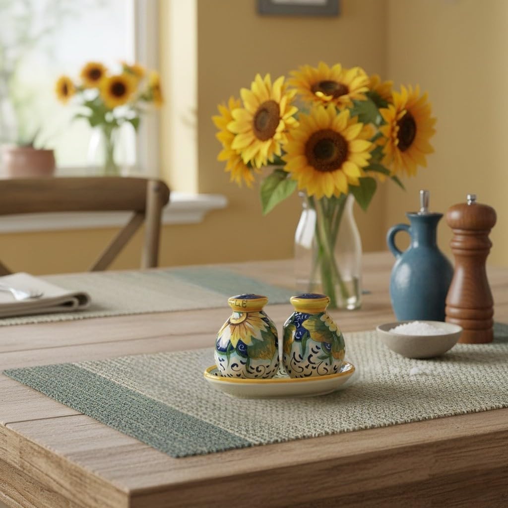 CERAMICHE D'ARTE PARRINI - Italian Ceramic Set Salt and Pepper Shakers Pots Art Pottery Hand Painted Decorated Sunflower Blue Made in ITALY Tuscan