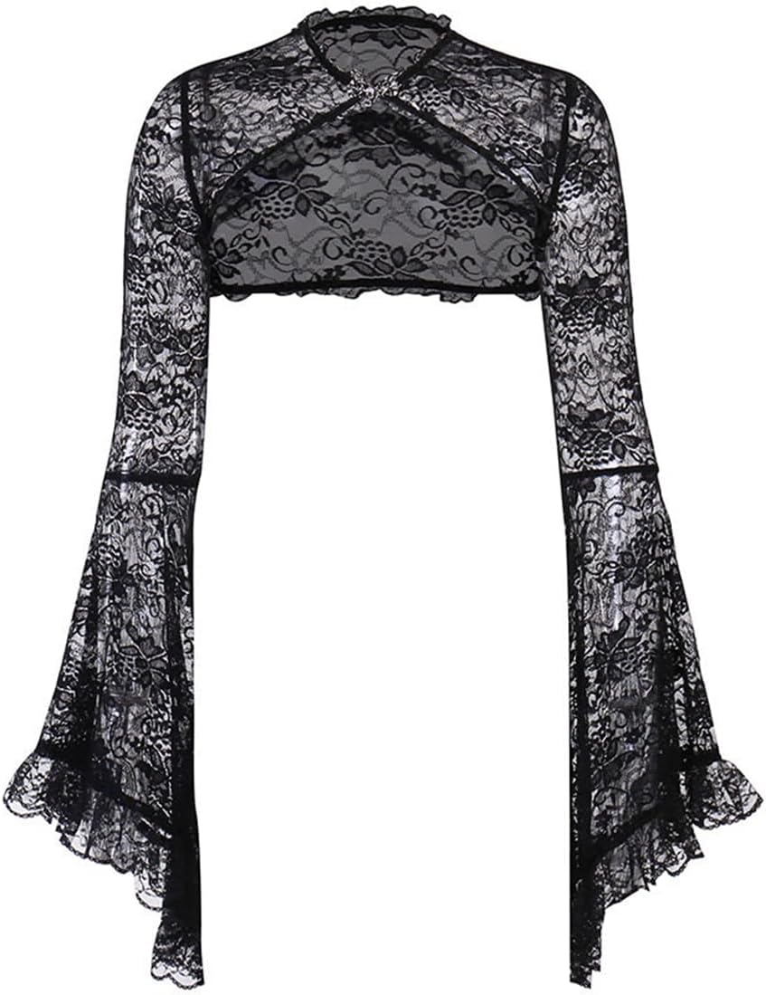 Gothic Crop Top Goth Lace Bolero Black Shrug Cardigan Bell Sleeve Cover Up for Women