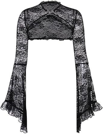 Gothic Crop Top Goth Lace Bolero Black Shrug Cardigan Bell Sleeve Cover Up for Women