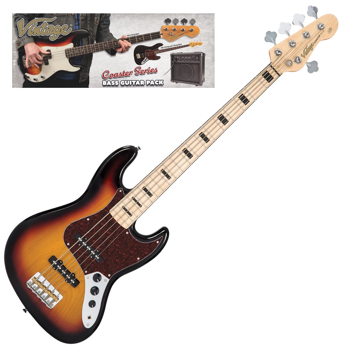 VINTAGE V495 COASTER 5 STRING BASS GUITAR PACK - 3 TONE SUNBURST