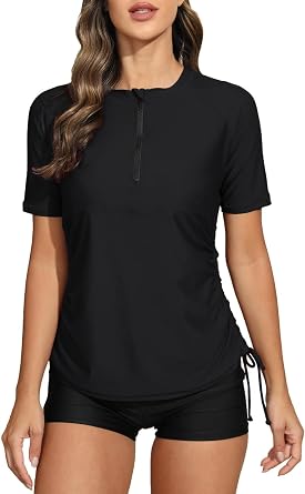 Halcurt Womens Half Zip Short Sleeve Rash Guard Swim Shirt with Tie Drawstring UPF50+ Swimsuit Top