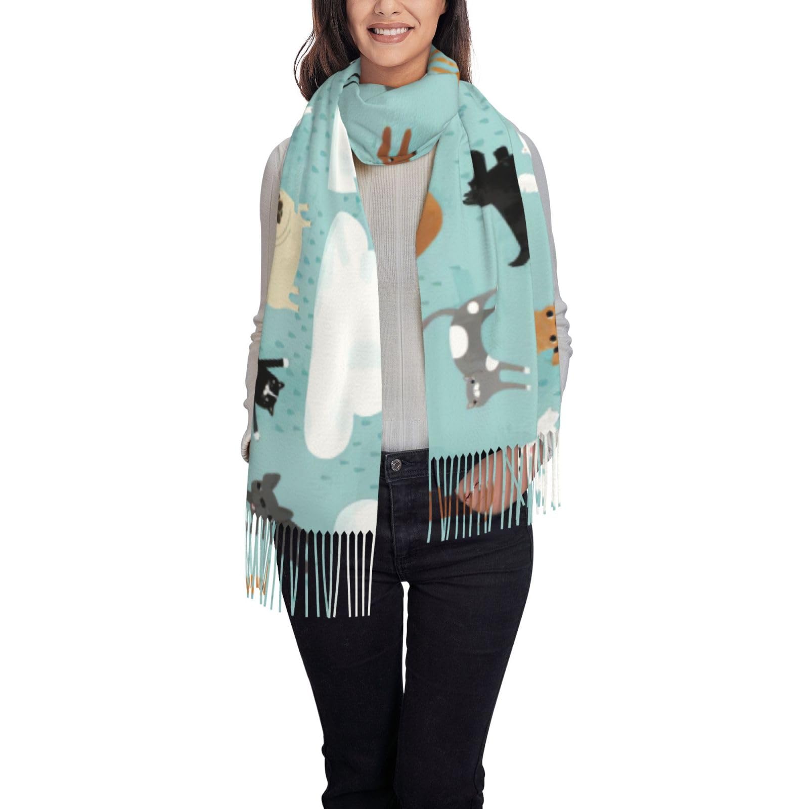 Edwal Women's Black Raining Cats & Dogs Print Winter Scarf For Shawl Cashmere Feel Tassel Plaid Large Oversized Scarves Wraps