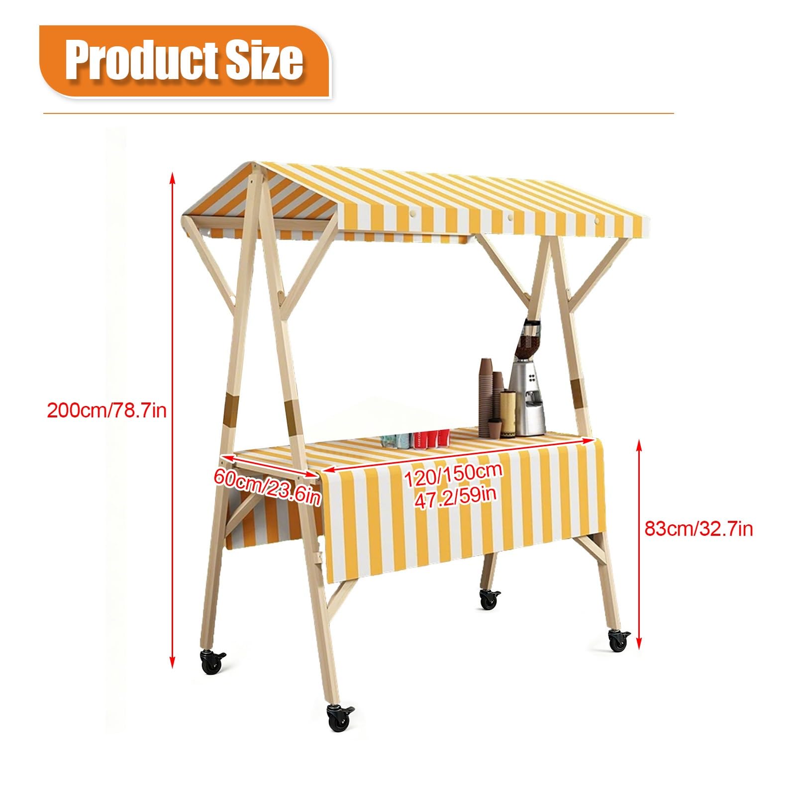 Stand Marché Chariot Pliable, Étal de Marché en Bois avec auvent, Kiosque Mobile Portable pour la Restauration de Rue, Stand de Marchés Commercial(Red A,120cm/47.2in)