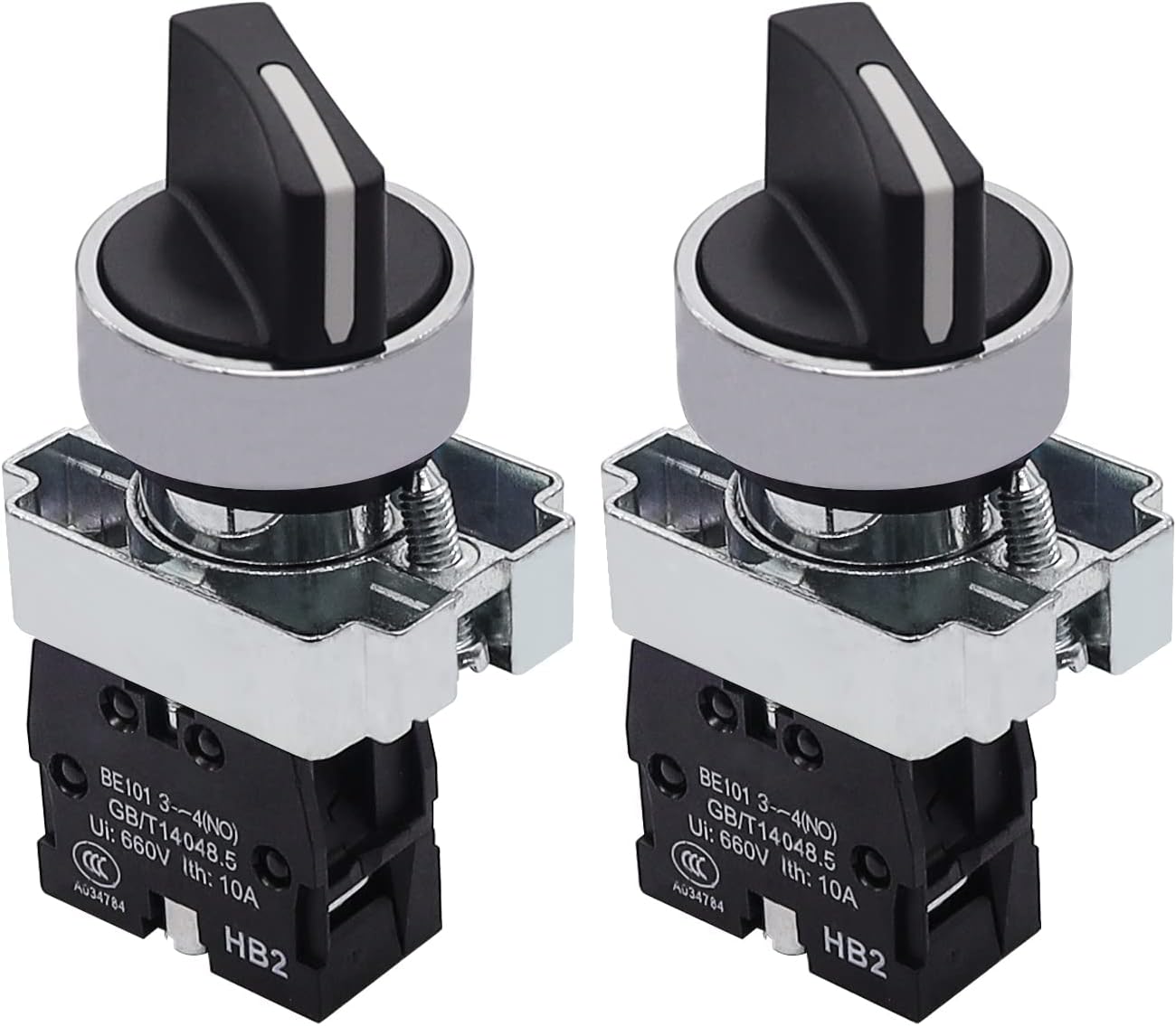 Taiss 2Pcs 22mm Selector Switch SPST 1 NO 2 Positions Maintained Latching Rotary Selector Switch 440V 10A XB2-10X/21-HB2-BD21