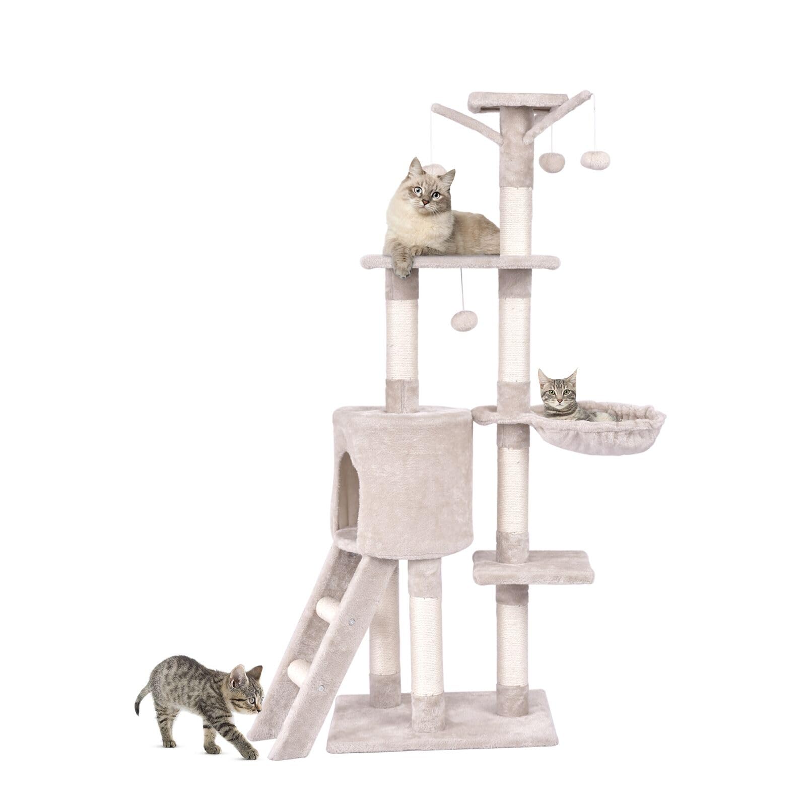 COSTWAY Árbol Rascado para Gatos de 140 cm de Altura, Torre Multinivel para Gatos con Postes de Sisal, Plataformas, Nido, Hamaca, Escalera y Bola, Centro de Actividades para Gatos de Interior, Beige