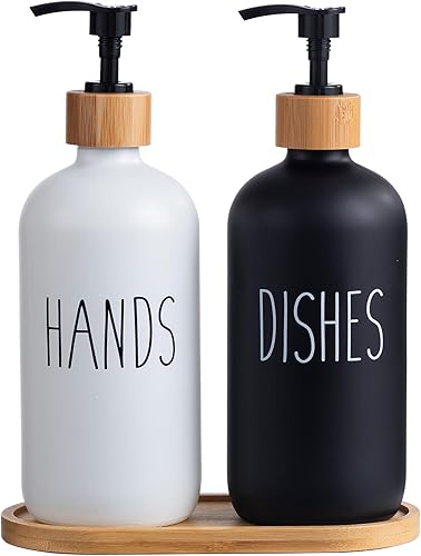 Juego de dispensador de jabón de vidrio con bomba, dispensador de jabón de manos y jabón para platos con bandeja de bambú para cocina, baño,