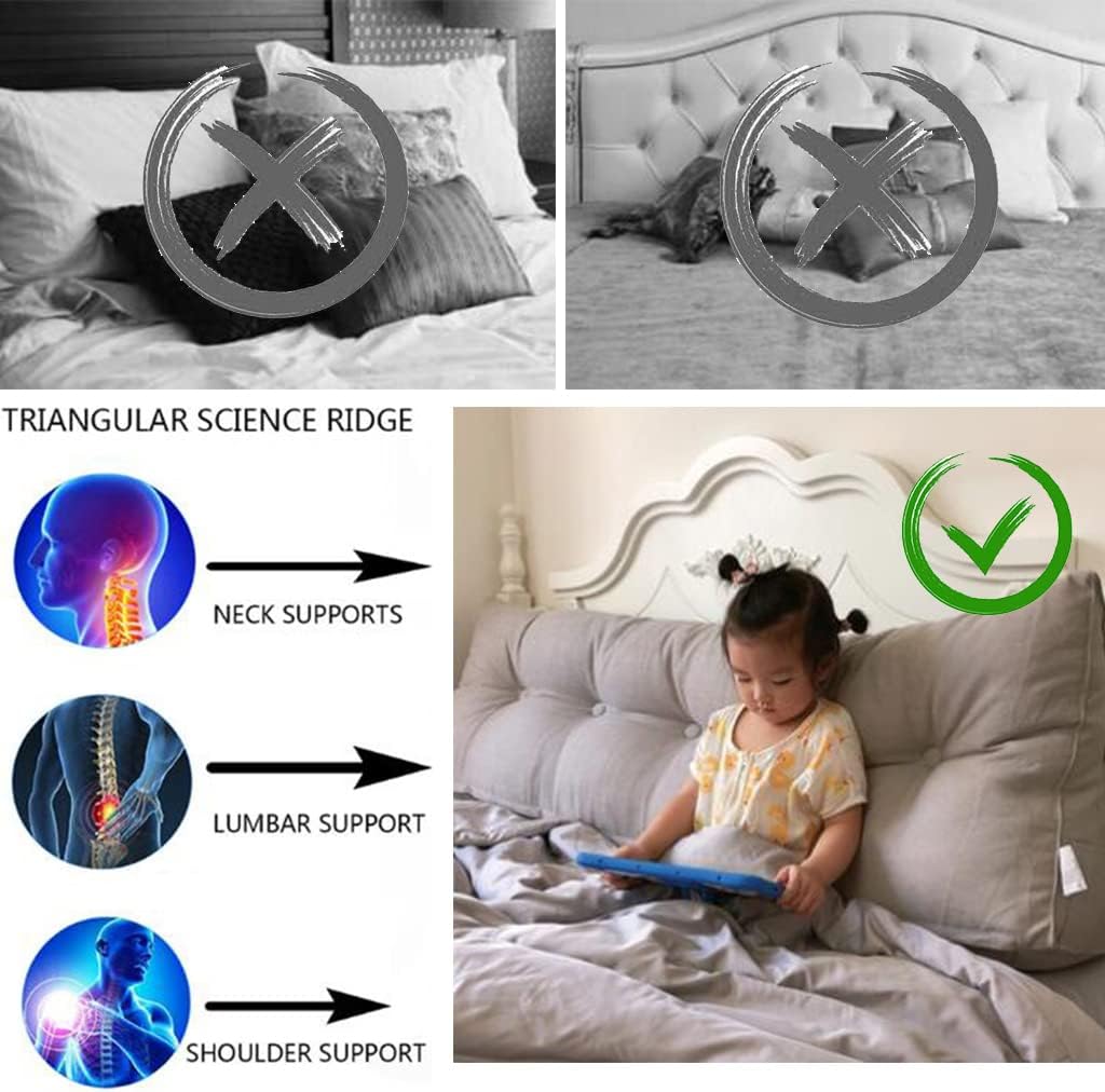 Large Triangular Headboard Long Pillow Solid Color Back Cushion Television Pillow Reading Bolster Wedge Pillow for Sofa Bed Backrest Washable Support Cushion,Grey,70inch/180cm