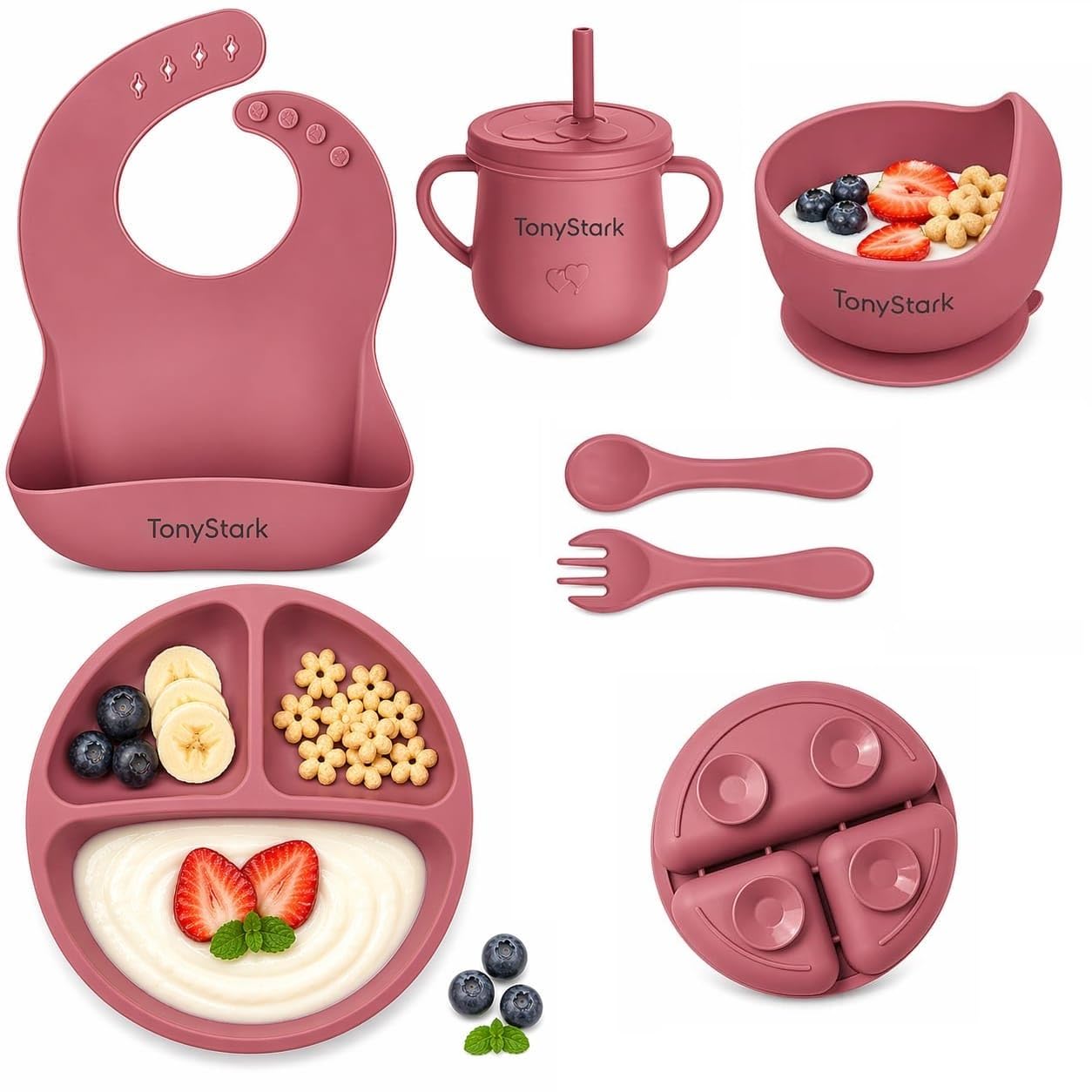 Tony Stark 7 Pcs Silicone Baby Feeding Set Bpa-Free,Microwave Safe,Anti-Slip Base | Complete Tableware Kit for Babies & Toddlers with Suction Plate,Bowl,Cup, Spoon,Fork & Bib (Dark Pink)-picture-21