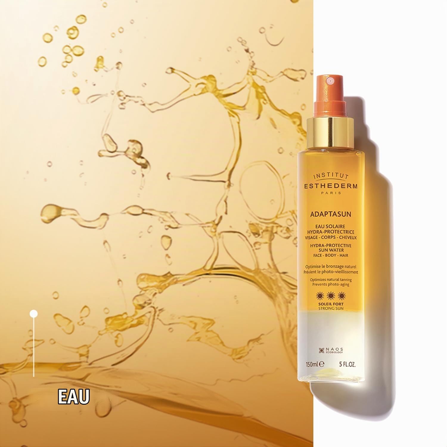 INSTITUT ESTHEDERM Eau solaire hydra-protectrice - Protection UVA/UVB contre les coups de soleil et le photovieillissement - Accélère le bronzage - Flacon Pompe 150 ml