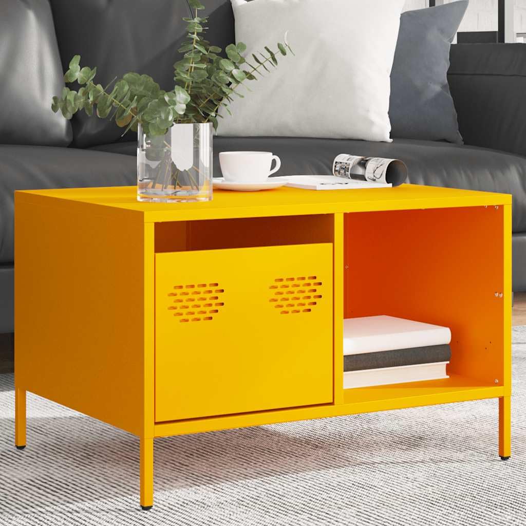 Mesa de centro (68,5 x 50 x 43,5 cm, acero con cajón estante patas regulables en altura, diseño industrial para salón, pasillo, dormitorio