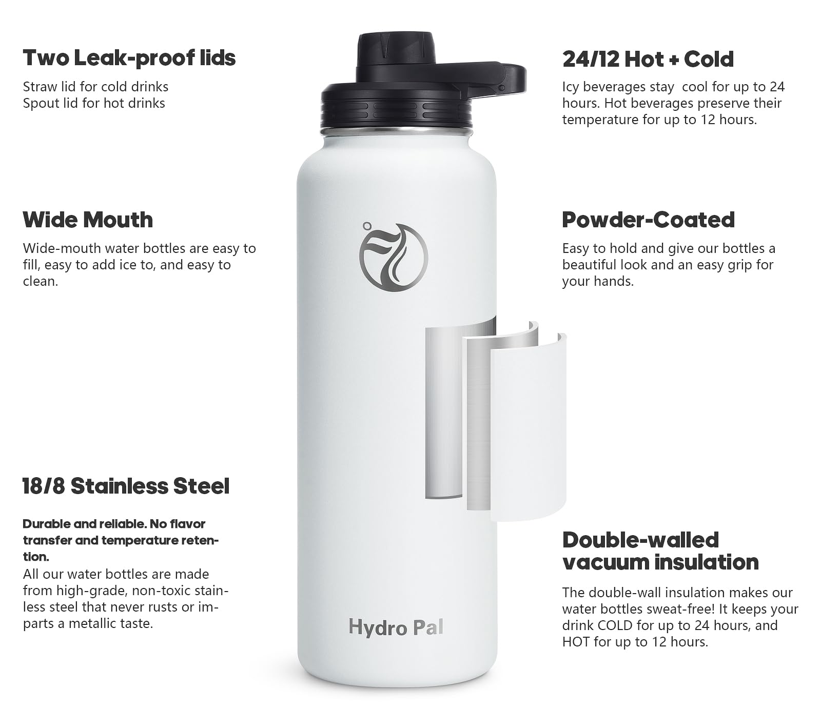 HydroPal Vacuum Insulated Stainless Steel Water Bottle, 1.9L/1.2L/1L/750ml/500ml- 2 Lids (Straw Lid and Spout Lid) - Image 2