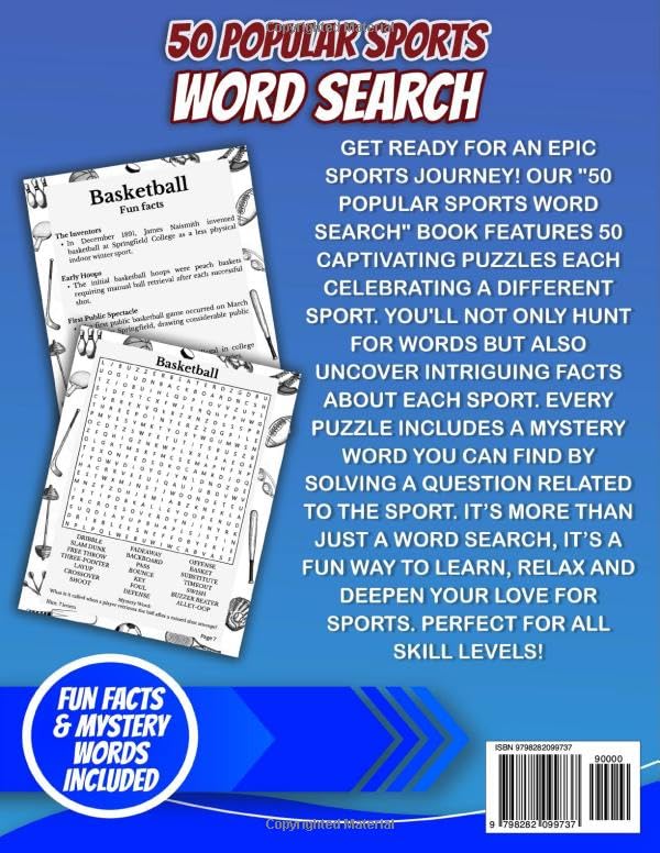 50 Popular Sports Word Search: Fun And Challenging Puzzles For Adults, Kids And Sports Fans | Over 1000 Unique Words, Fun Facts & Mystery Words | Large Print for Easy Reading image 3