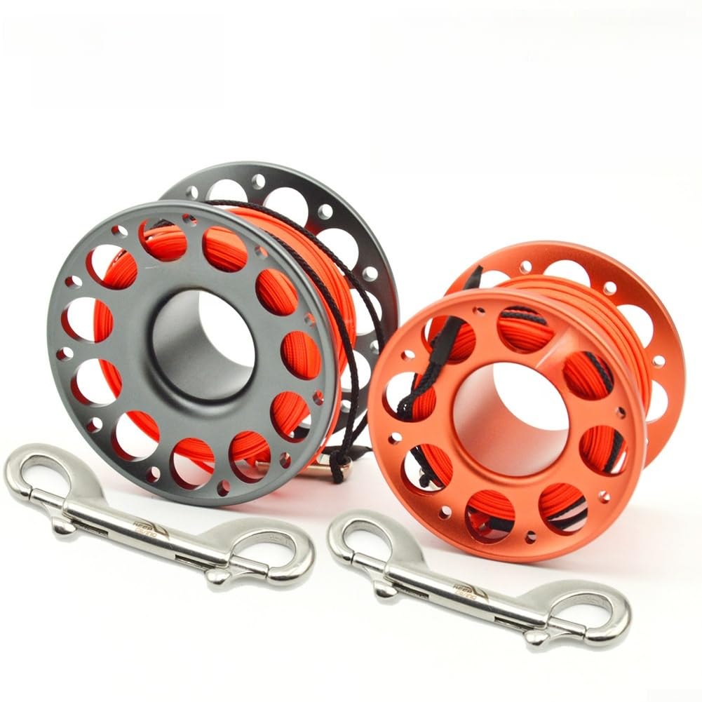 Carrete de buceo con doble gancho de acero inoxidable de aviación de aluminio subacuático para SMB Anti-Twist Joint Dive Line Winder para cueva y buceo técnico (30 m-rojo rosa)