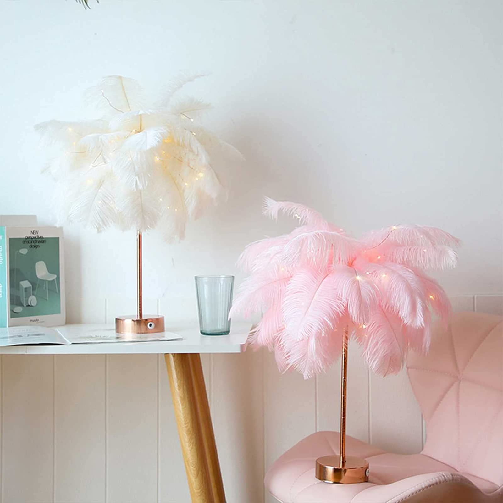 Kolorowe światła szklane， Nordic Luxury Feather Lampka nocna, biurko, salon, oświetlenie wewnętrzne, lampa stojąca z piór strusich(White)