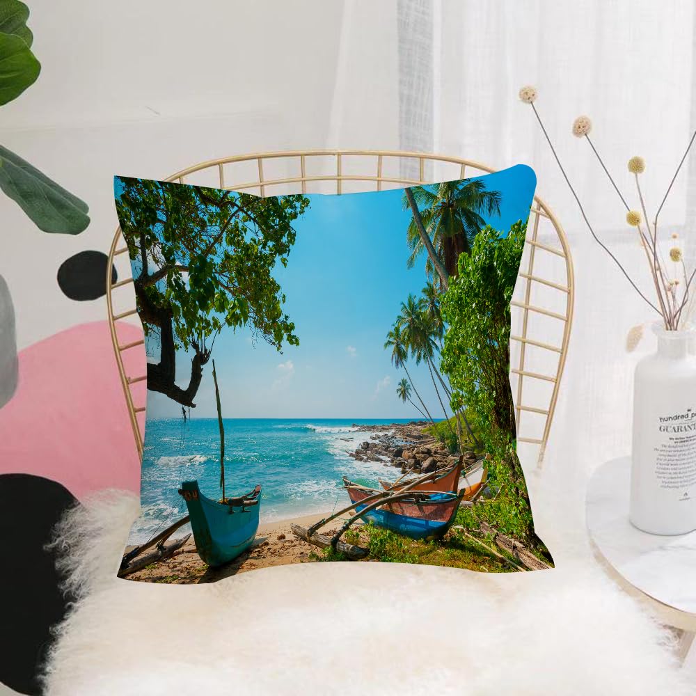HYOSXW Cushion Cover,Throw Pillow Case Home Decorative for Living Room Bedroom Sofa Chair 16X16 Inch,Beach scenery, tropical ocean landscapes with palm trees and boats,Pillowcase 40X40cm