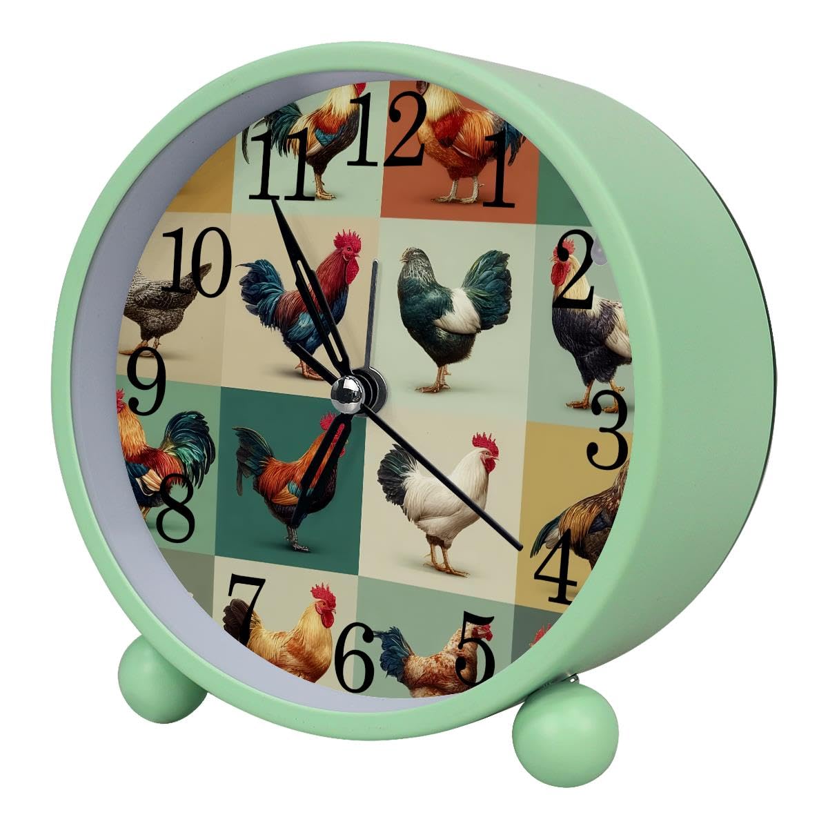 Luoweisi Alarm Clock Rooster Hens, Silent Non-Ticking with Night Light, Round Metal Alarm Clock for Office, Battery Operated, Bedroom, Elderly, Adults, Children, Student Gifts