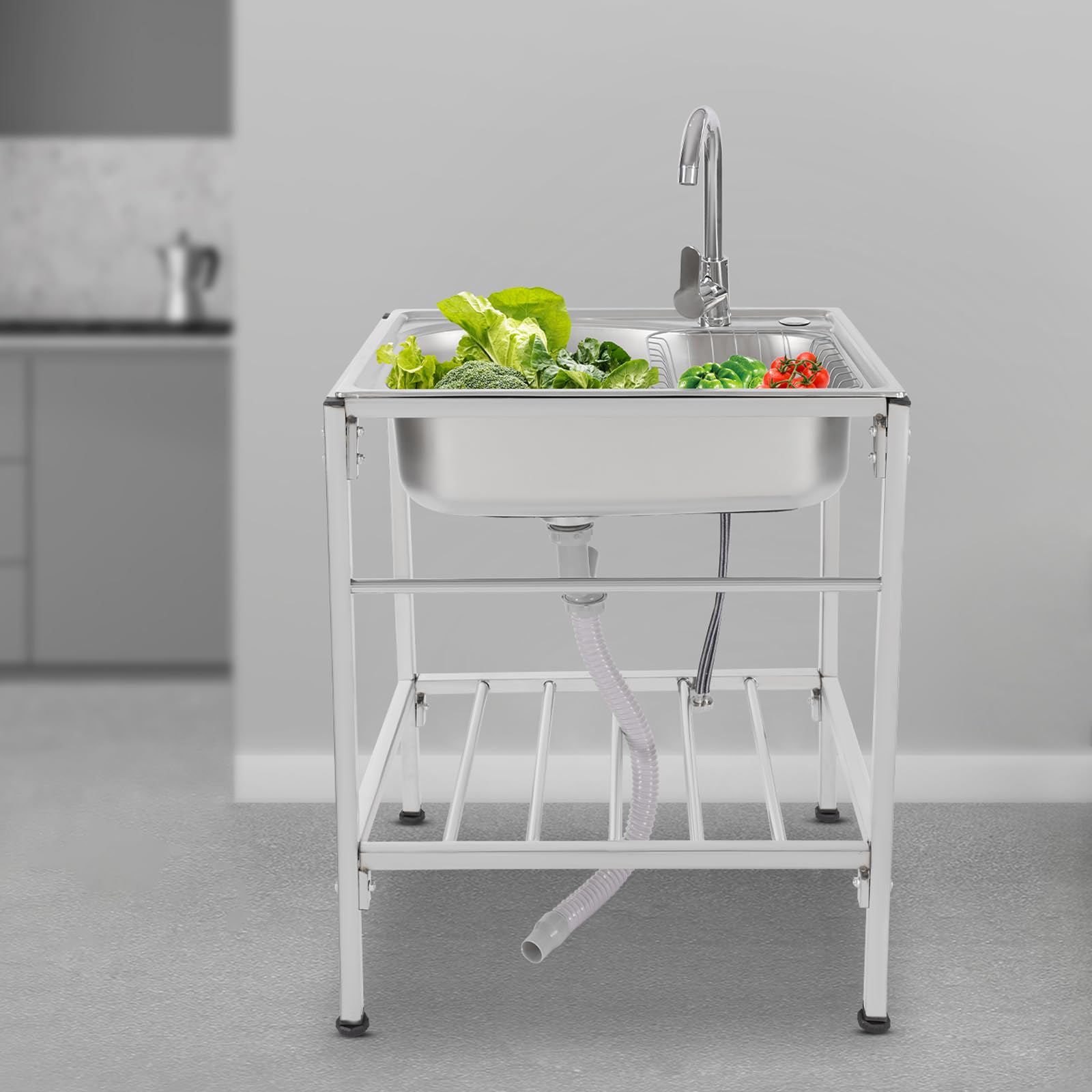 Fregadero de cocina, 1 bandeja con cesta para grifos fríos y calientes a 360°, altura independiente, reposapiés ajustable, fregadero de acero inoxidable, para lavanderías, laboratorios