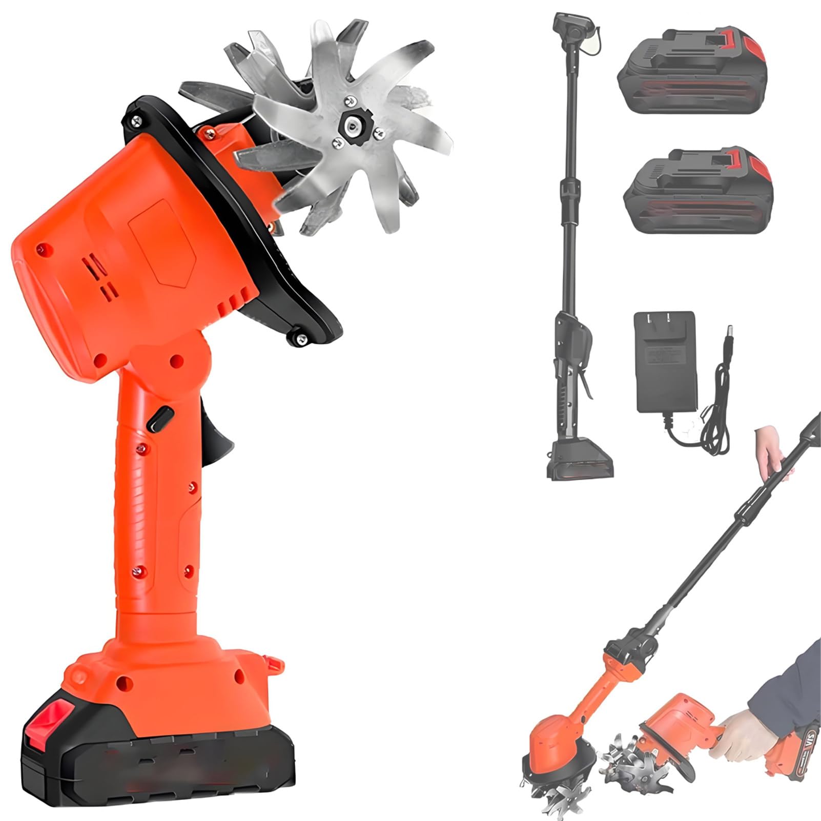 Pnpaea 21V Cordless Tiller & Cultivator,550W Battery Powered Handheld Garden Tiller, Rechargeable Tiller Cultivator with 2 Battery & Charger for Lawn, Vegetable Garden Orange-red-withPole