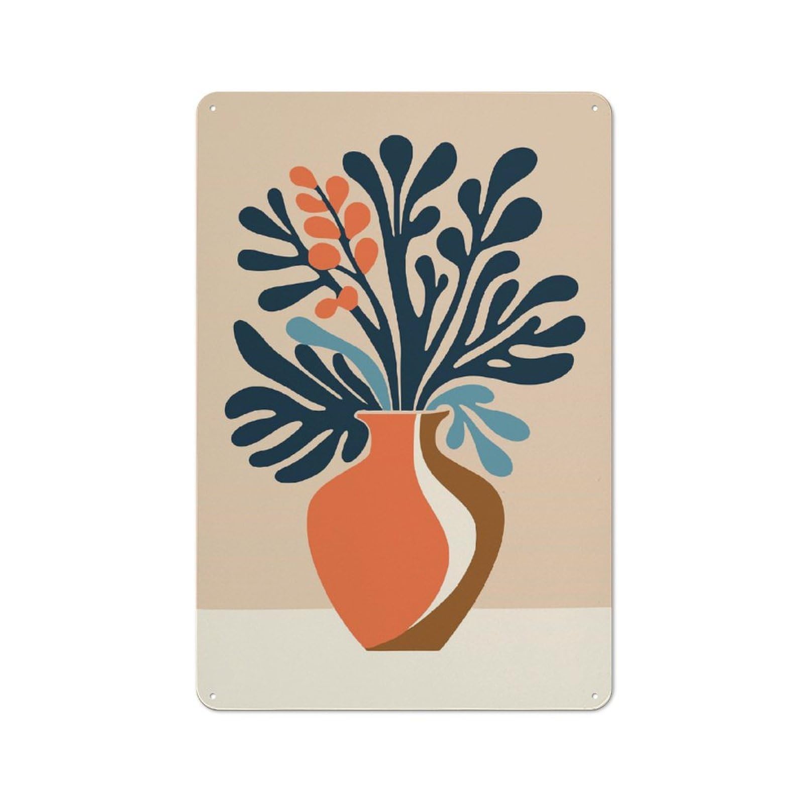 Junmoney Style-8 Tin Wall Plaque 30X20cm With Abstract Floral Arrangement In A Vase For Café Or Restaurant, Housewarming Present For People Styling Café And Restaurant