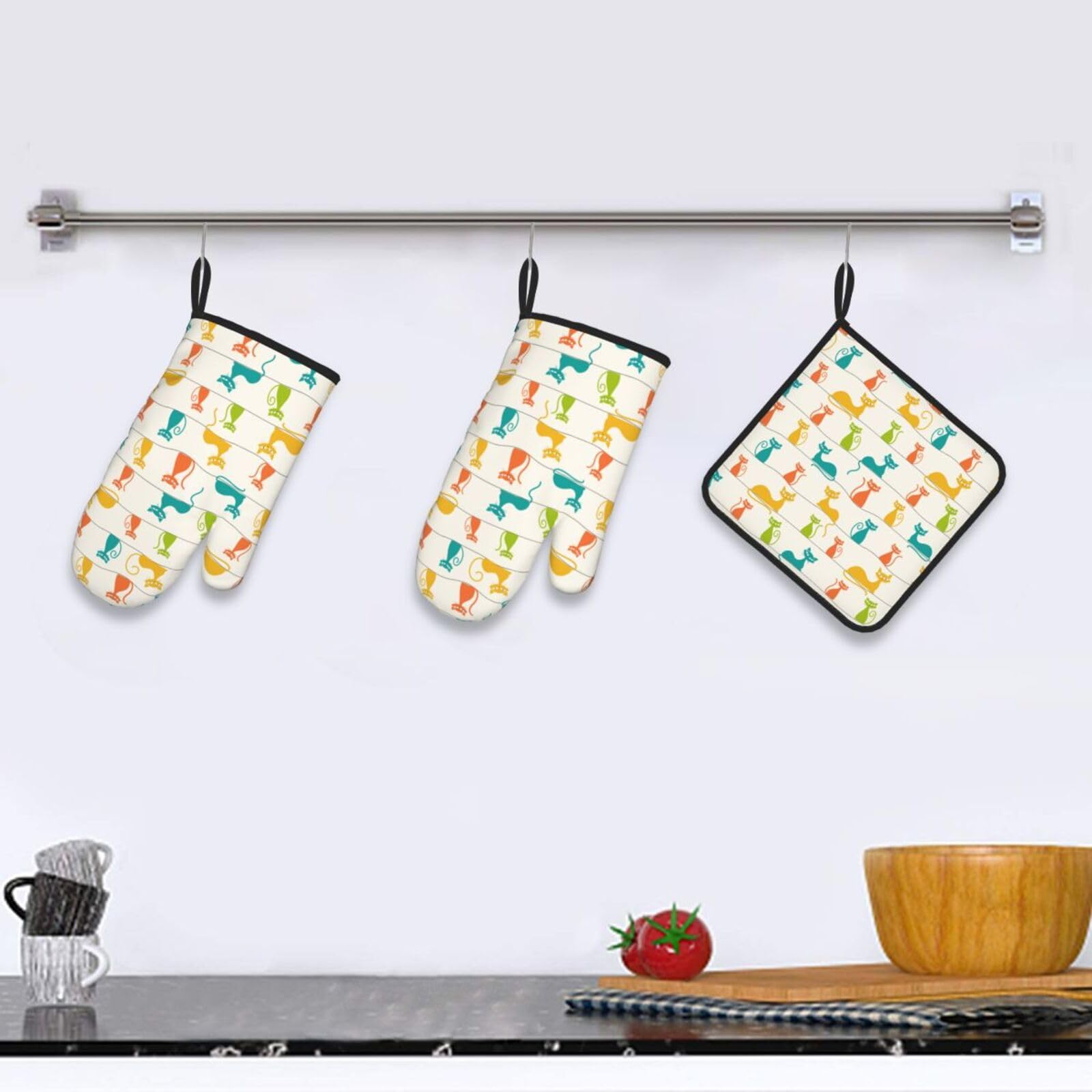Mid Century nowoczesne koty rękawice kuchenne i uchwyty na garnki zestaw żaroodporne urocze rękawice kuchenne do grillowania pieczenia grillowania kucharzy dekoracja kuchni 3 sztuki