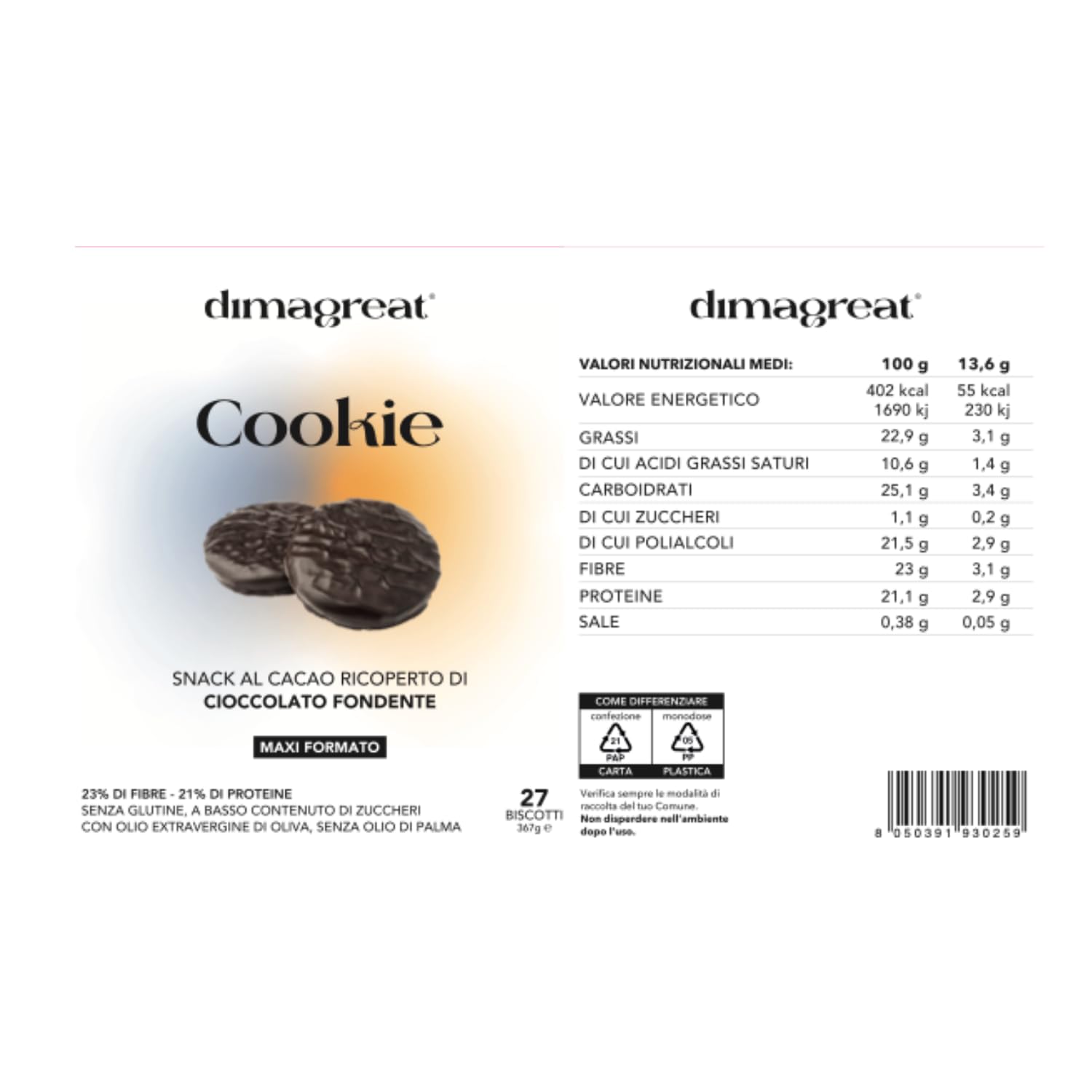 DIMAGREAT 27 Biscotti Proteici Gusto Cacao e Cioccolato Fondente, Made in Italy - Ricchi di Proteine e Poveri di Carboidrati, Forte Dimagrante - Dieta Chetogenica e Senza Glutine