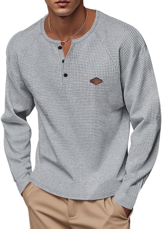 Men's Warm Waffle Top - 1/4 Button Round Neck Solid Color Casual Sweatshirt for Daily Vacation Wear