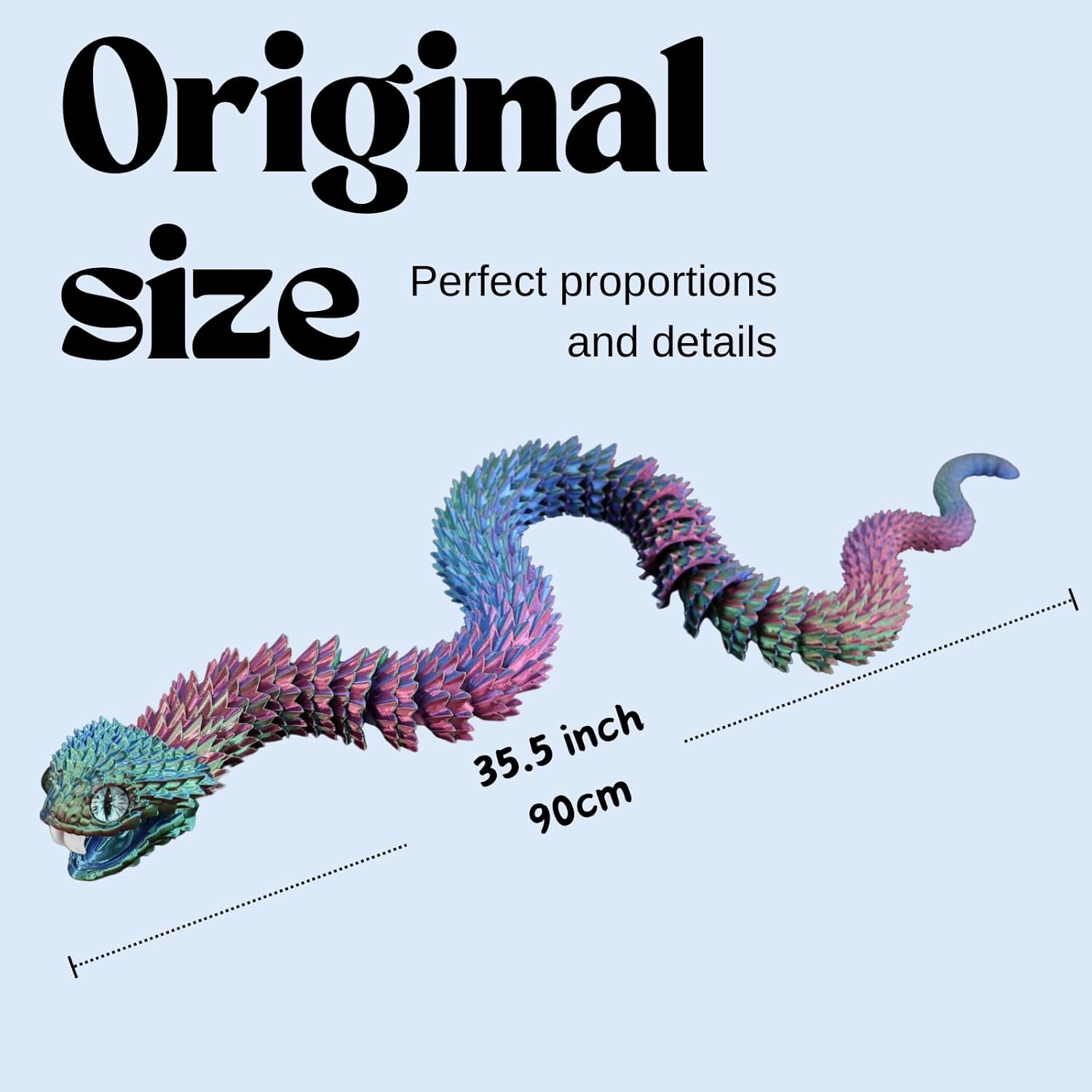 35.5-inch Oversized 3D Printed Snake Model with Movable Teeth and Flexible Joints, Reptile Animal Figurine, Stress Relief, Surprising and Magical Gift (35.5in Red Blue Yellow)