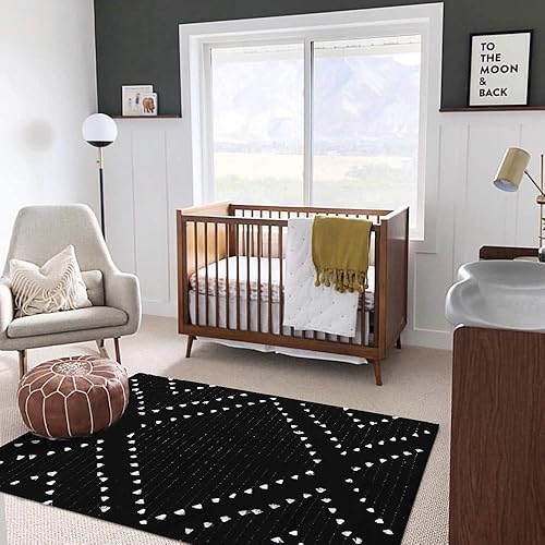 Miniatura 6 de HAOCOO Alfombra bohemia de 3 x 5 pies, alfombra geométrica de algodón negro para dormitorio, alfombra marroquí tejida de algodón para cocina,