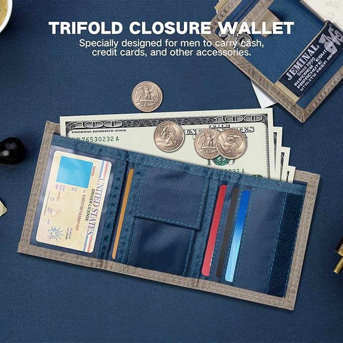 JEMINAL Trifold Wallet for Men Canvas Outdoor Sports Keychain Wallet with Multiple Card Slots and ID Window Blue2