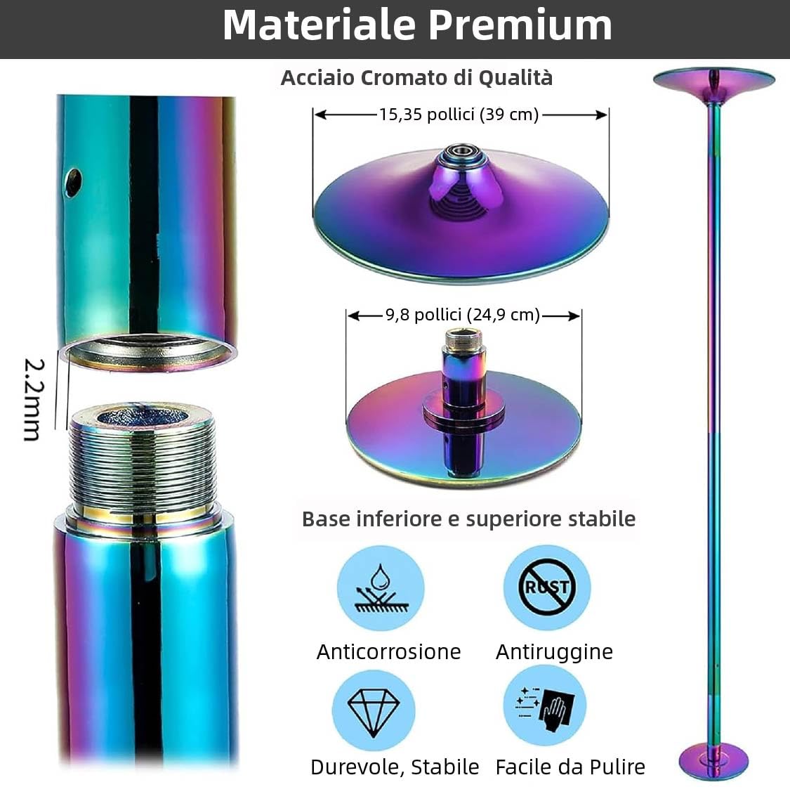 PRIOR FITNESS - Poste Dance Pole de 45 mm con modos estáticos y giratorios, ajustable de 2235 a 2700 mm, apto para gimnasios, fiestas y estudios