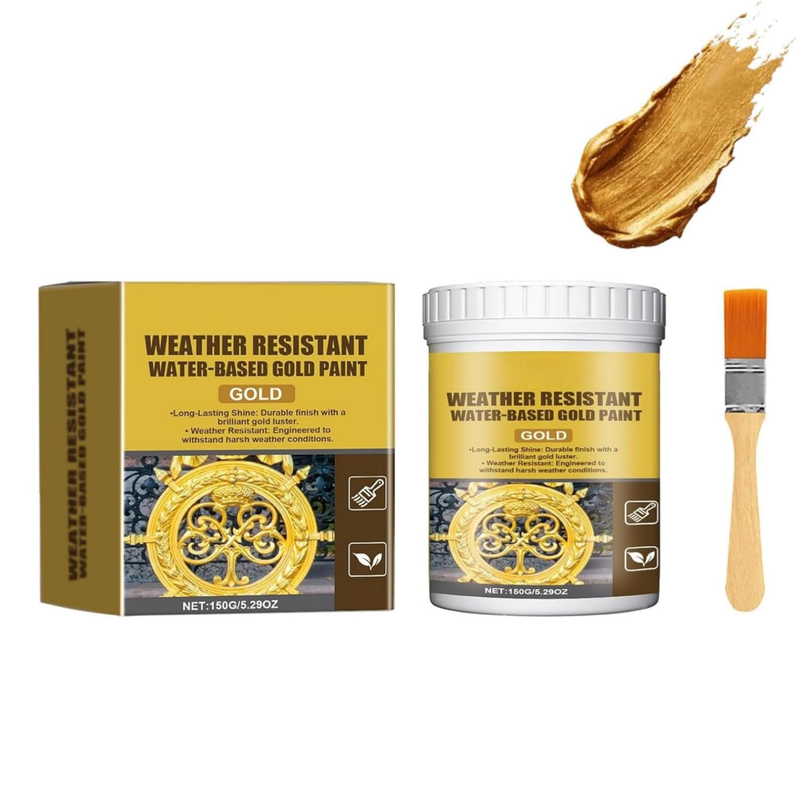Weather Resistant Water-Based Gold Paint, Metallic Gold Paint, High Gloss Gold Leaf Paint for Metallic, Wood, Stone and Plaster Surfaces, Quick Drying and Safe on All Surfaces, 150g (1PC)