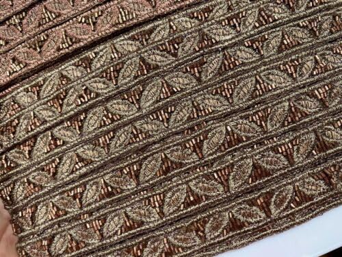 Brown Copper Embroidered Trim Hand Sewn Leaves Glass Beads 5/8