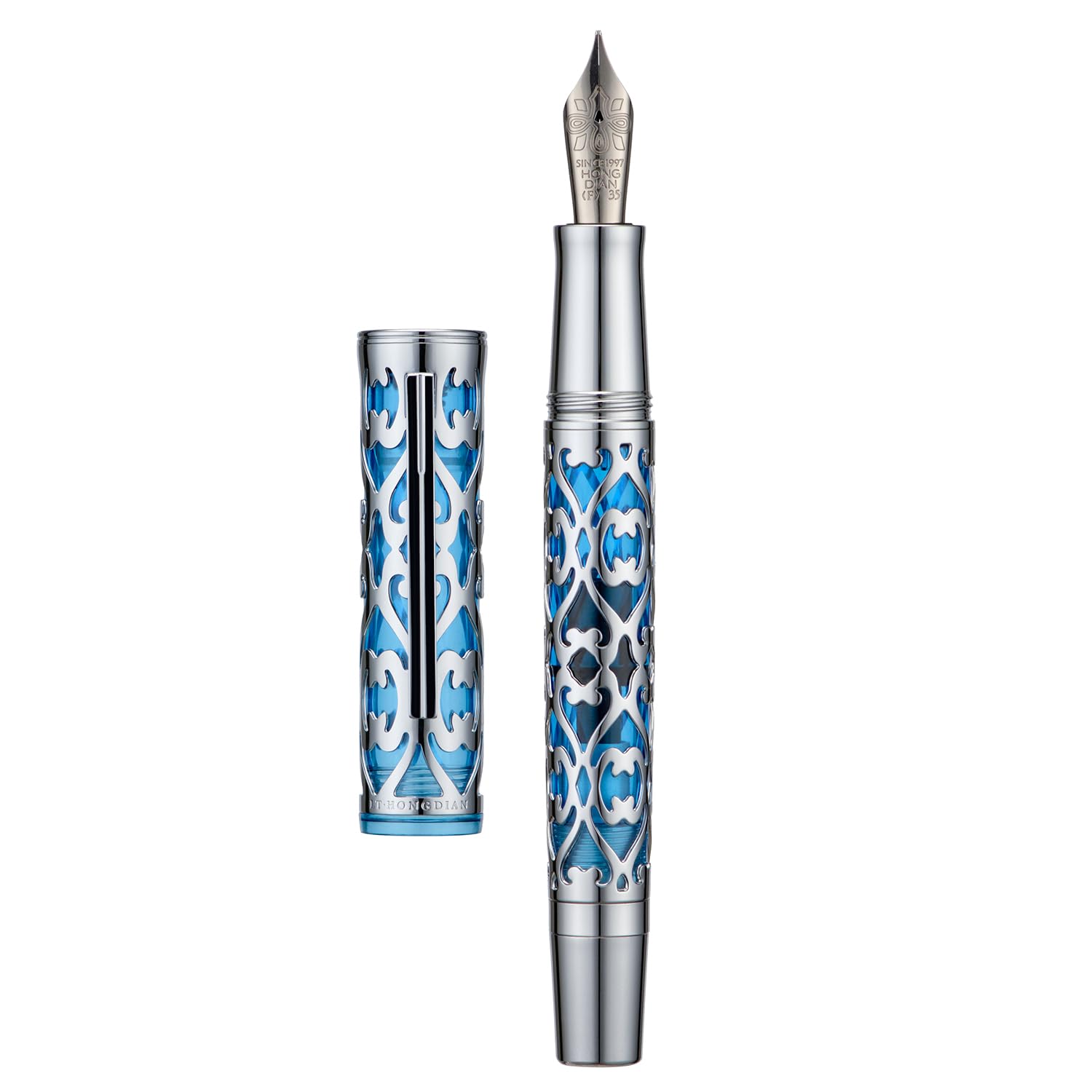 HONG DIAN D1 Piston Fountain Pen Extra Fine Soft Nib, Silver Blue Hollow Skeleton & Resin Pen with Metal Case Set