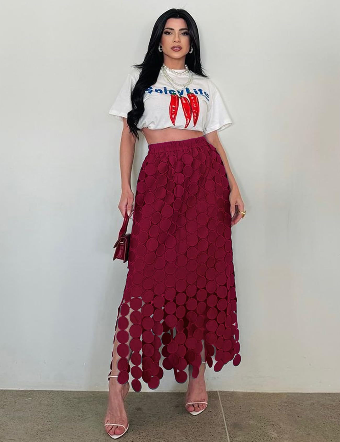 Kissonic Langer Damen-Maxirock mit Fransen, Sommer, hohl, Boho, elastisch, hohe Taille