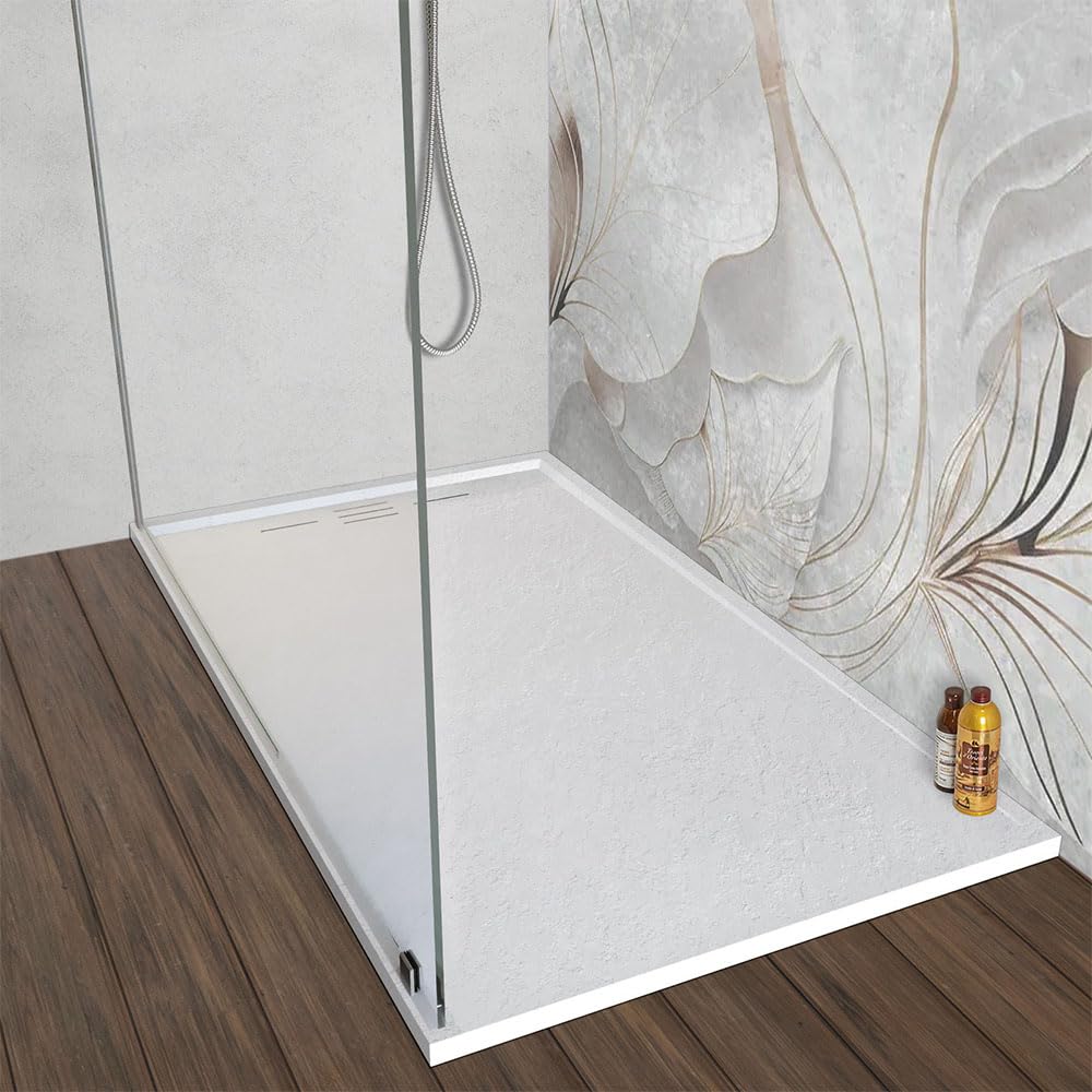 Piatto doccia 70x140 cm bianco effetto pietra in resina, spessore 3 cm e scarico con canalina, riducibile su misura ARGO