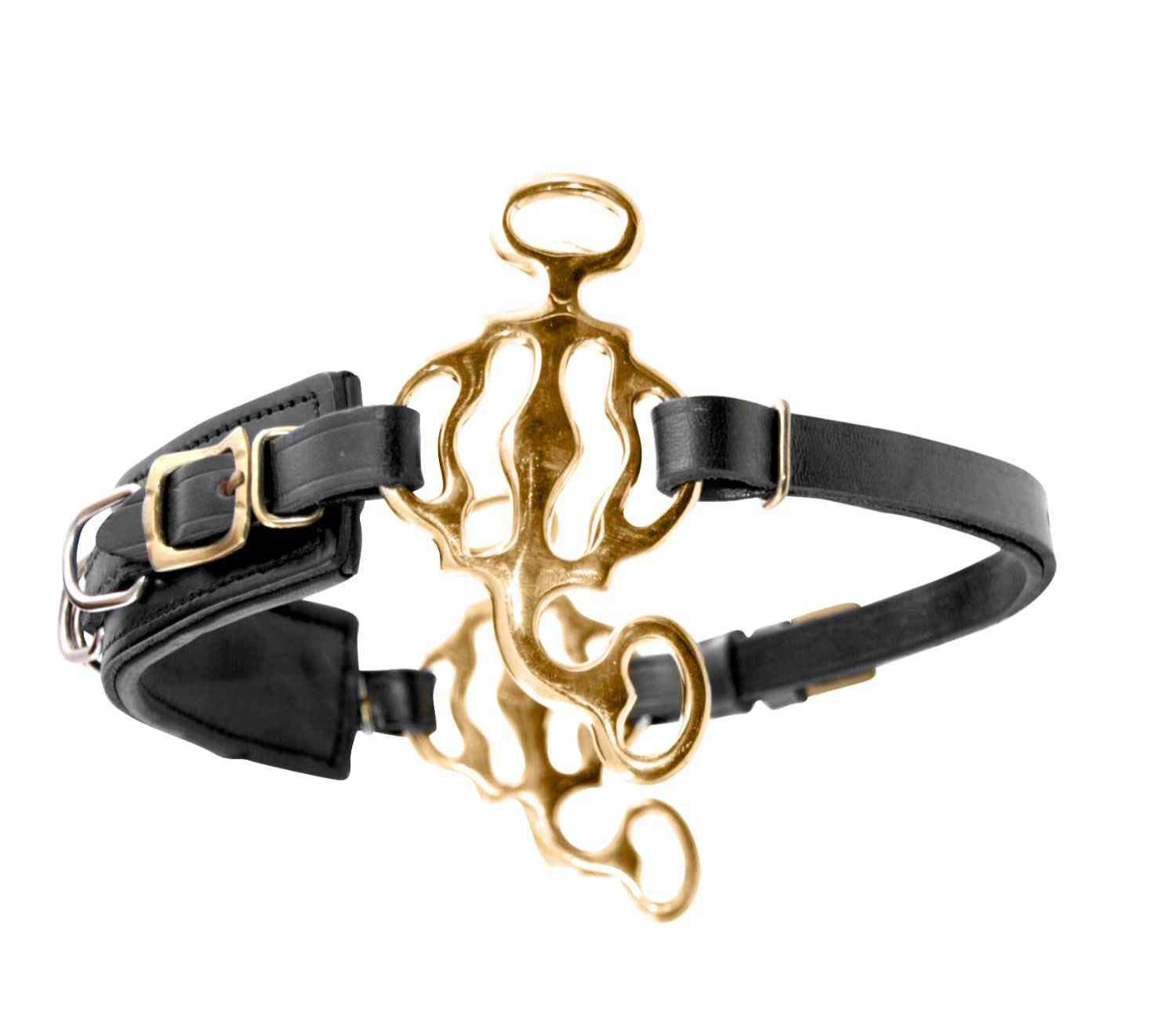 AMKA Hackamore Barock, mit 3 Ringen, Nasenriemen Leder schwarz, Anzüge goldfarben