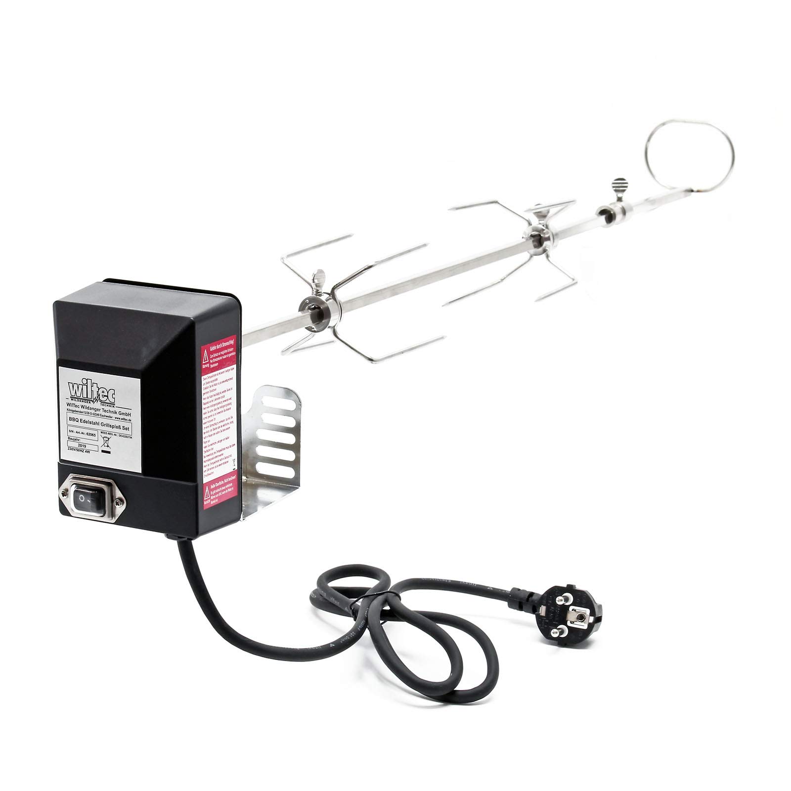 Wiltec Girarrosto da Barbecue 82 cm 230 V, Spiedo in Acciaio Inox con 2 forchettoni Carne