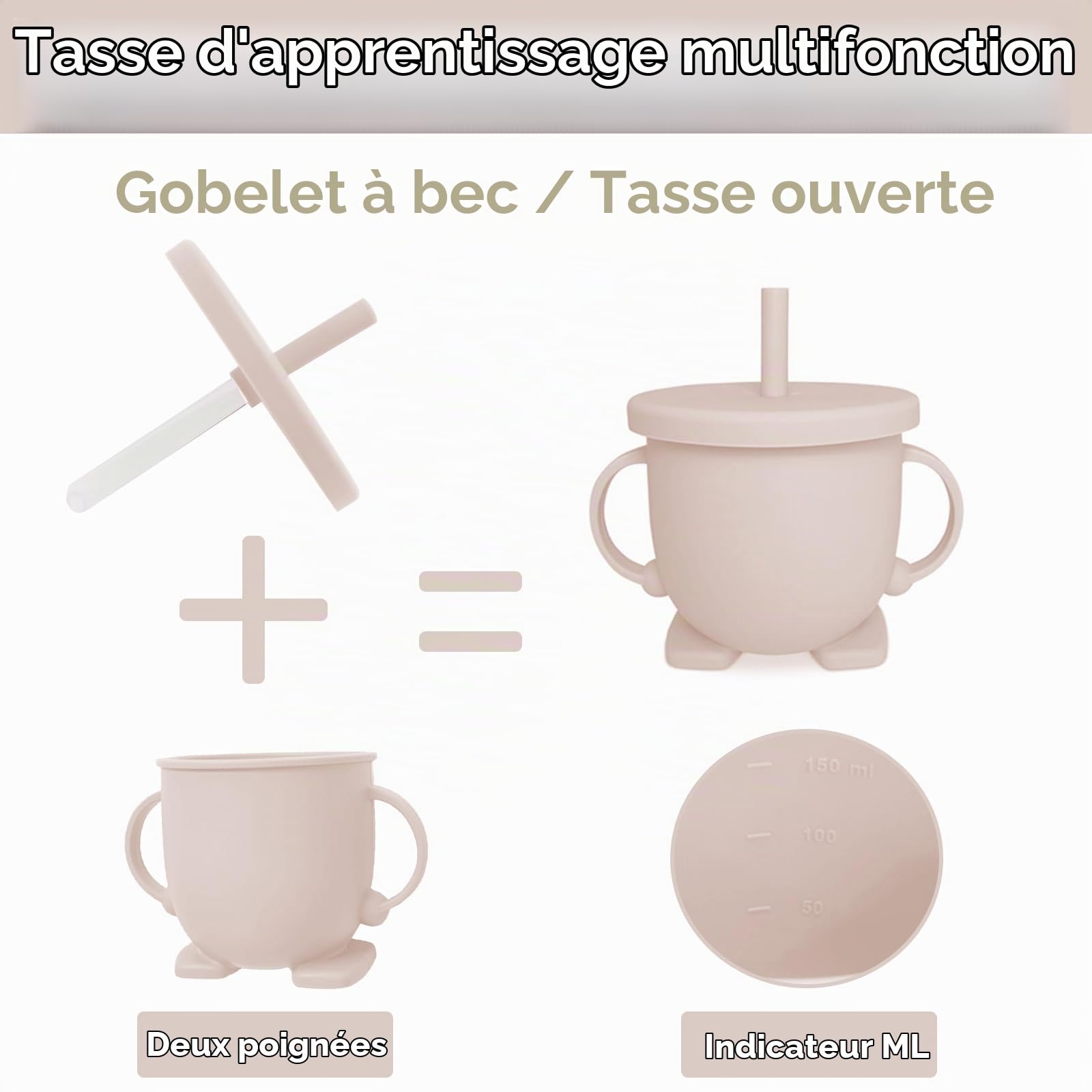 12 pièces Coffret Repas Bebe Silicone, Assiette bebe Set avec Ventouse Assiette Bol Fourche Cuillère Bavoir et Tasse, Enfant Set Couverts Vaisselle Pour Sevrage Manger (Beige)