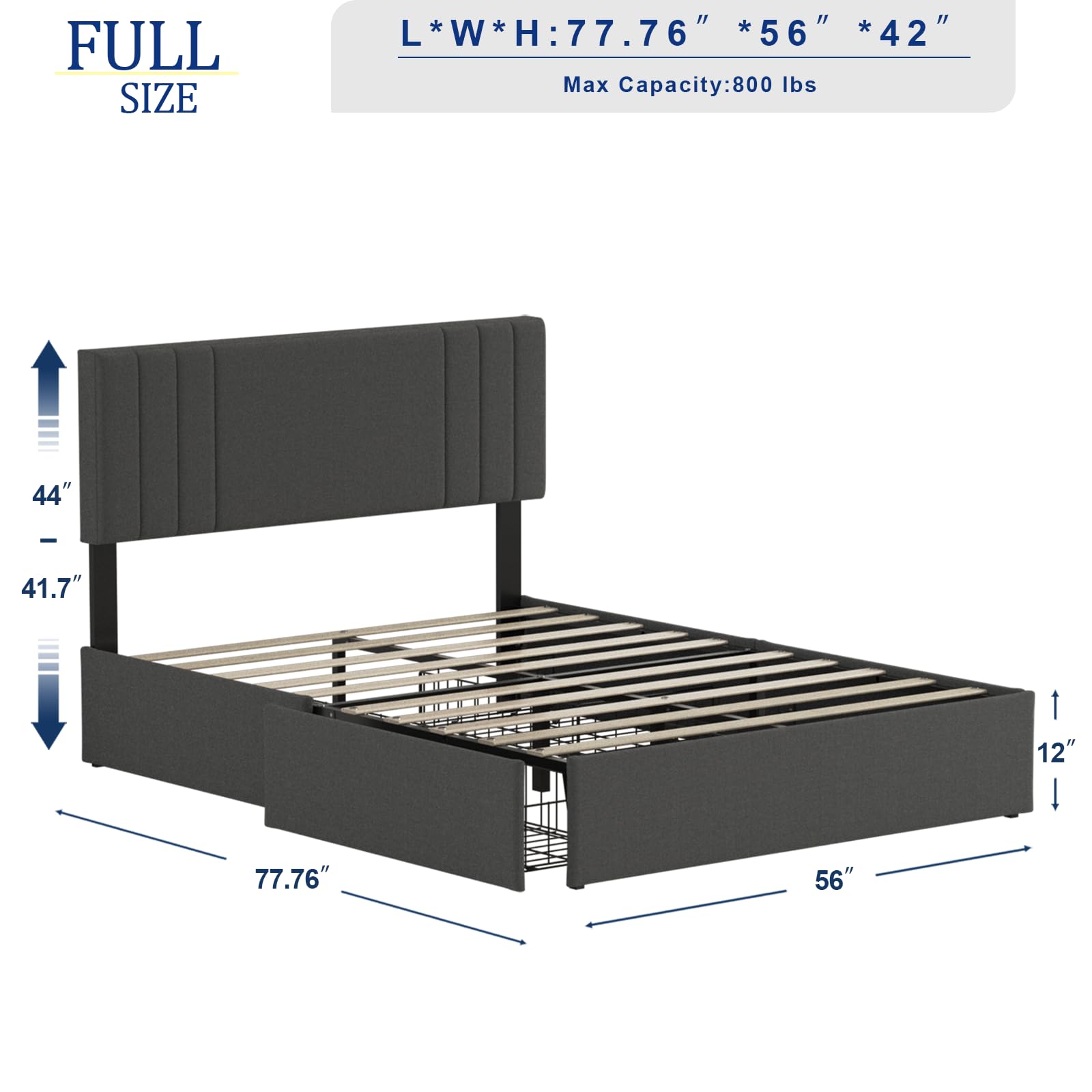 Molblly Upholstered Full Bed Frame with Adjustable Headboard, Platform Bed Frame, Strong Wood Slat Support, No Box Spring Needed, Dark Grey