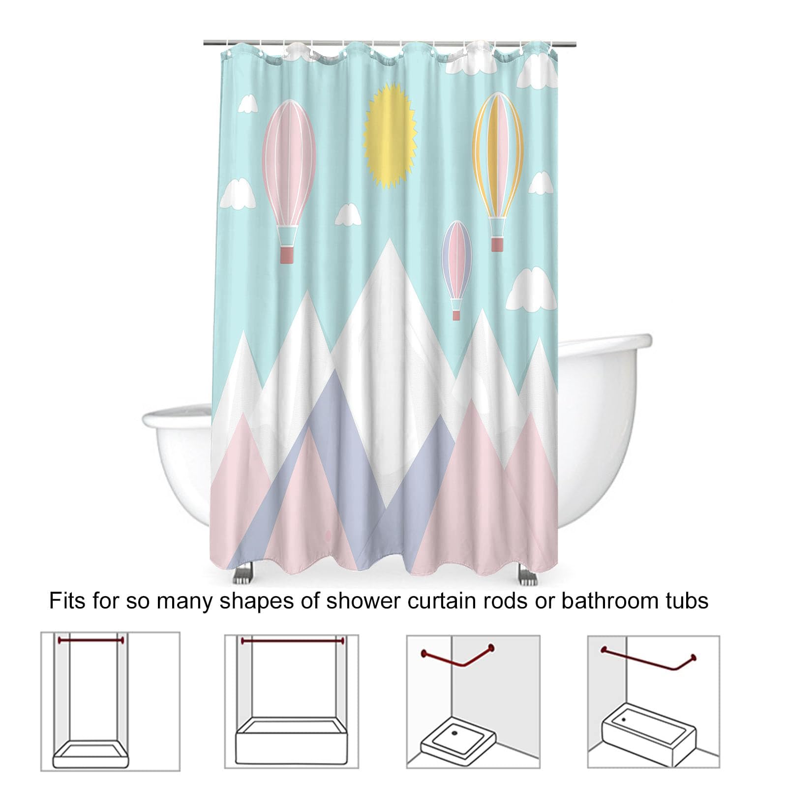 Cortina de Ducha Montañas240x200cm,Globo Aerostático Lavables Cortina de Baño,Poliéster Textil Impermeable Cortina Ducha para Bañera con 12 Ganchos