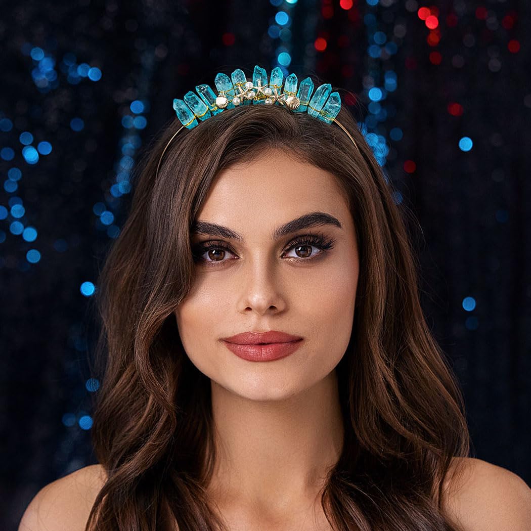 FormeryBlue Raw Crystal Crown Headband Gold Shell Starfish Quartz Tiara Hairband Beach Mermaid Party Festival Pearl Natural Stone Hair Accessories for Women and Girls