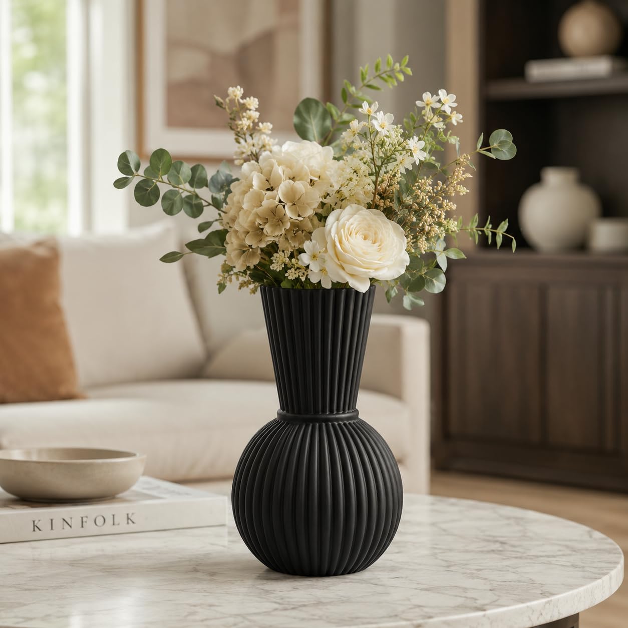 Plastic Flower Vase for Home Decor, Ribbed Textured Ceramic Look Decorative Vase, 23cm Tall, Wide 14cm, Lightweight Table Vase for Living Room Bedroom Office, Only Vase (No Flower) Black-picture-13