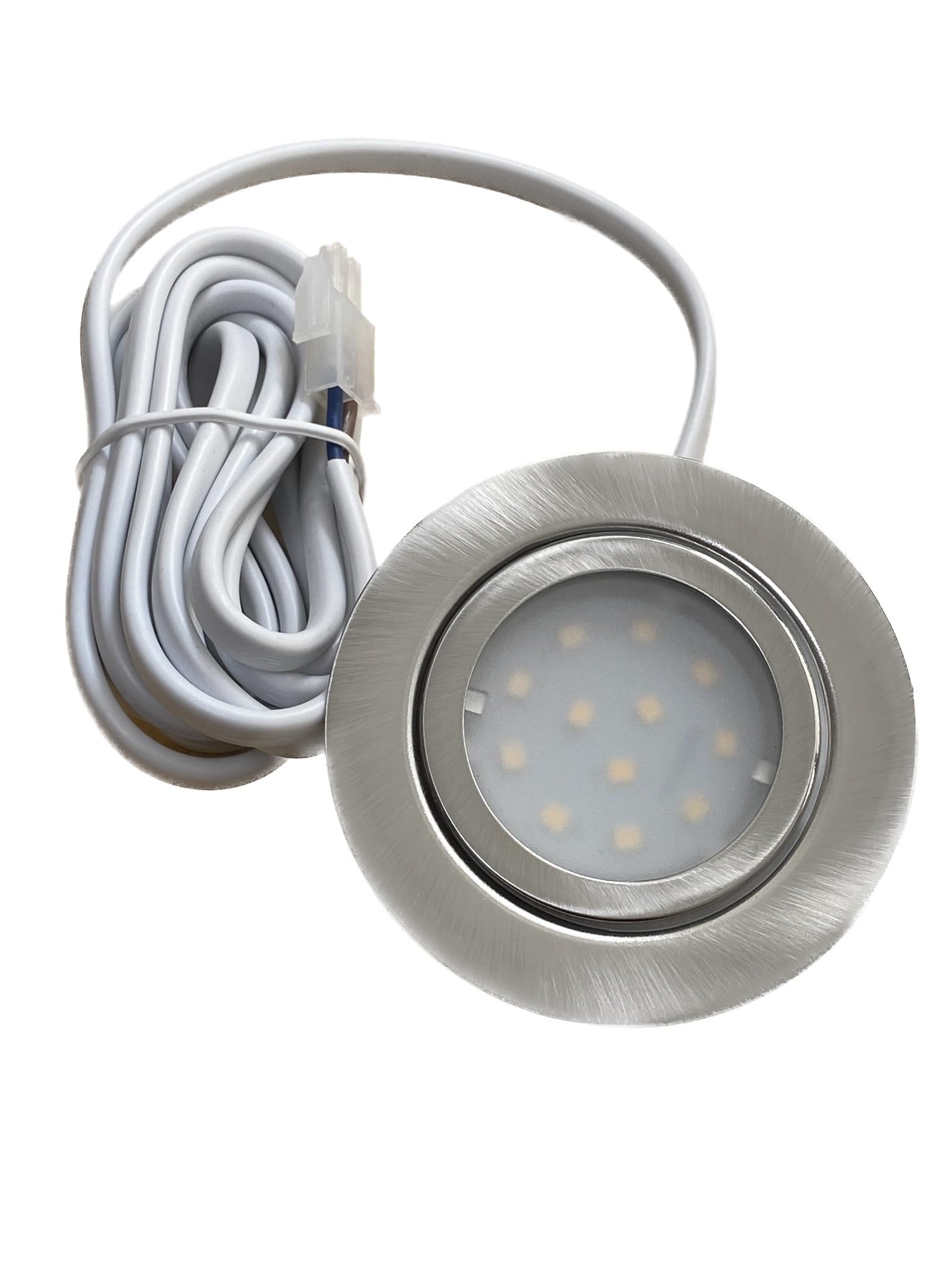 4er Set IP44 LED Möbeleinbauleuchten 12V extra flach 2,4W Einbaustrahler New Lina 200lm Edelstahl geb. 3000K Warmweiß Bohrloch: 54 bis 60mm, 2m Kabel mit AMP Stecker. Möbel, Küche, Bad, Decken usw. ✅