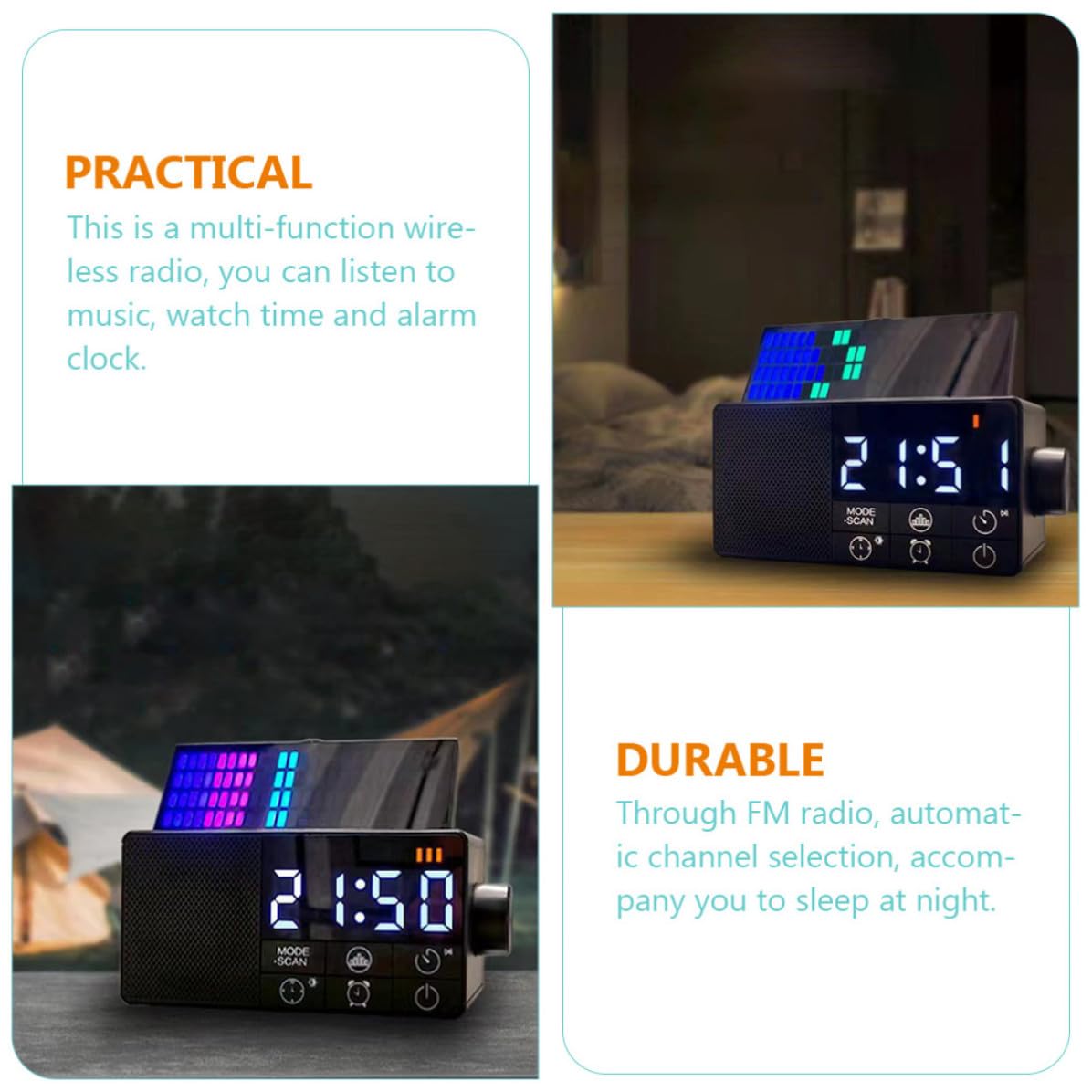 Beavorty Digitaler Radiowecker Schwarz mit 1800mah Akku, Kunststoff, 5w | Fm 76-108mhz, Usb-c Dc 5v1a Eingang, Quadratische Form, Modernes Retro Design, Modell 4