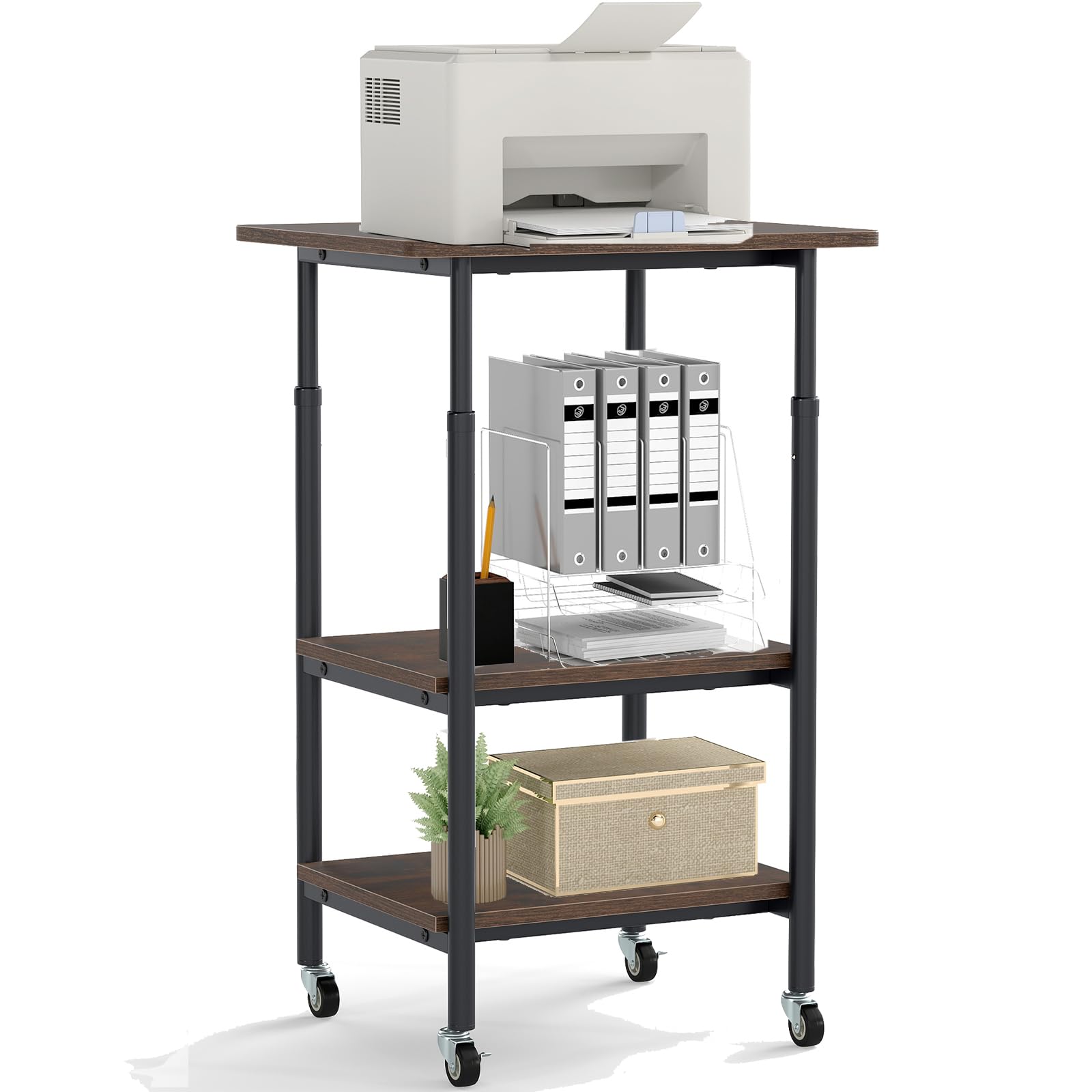 SFAREST 3-Tier Mobile Printer Stand, Height Adjustable Rolling Utility Cart with Lockable Wheels and Storage Shelf, Wooden Storage Organizer Unit for Home Office(Rustic Brown)