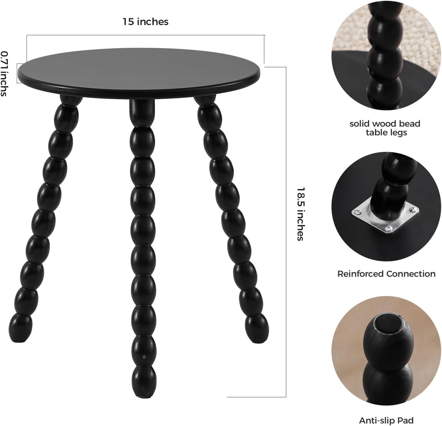 round side table, solid wood small end table for small space, accent table nightstand modern table for living room bedroom office couch black